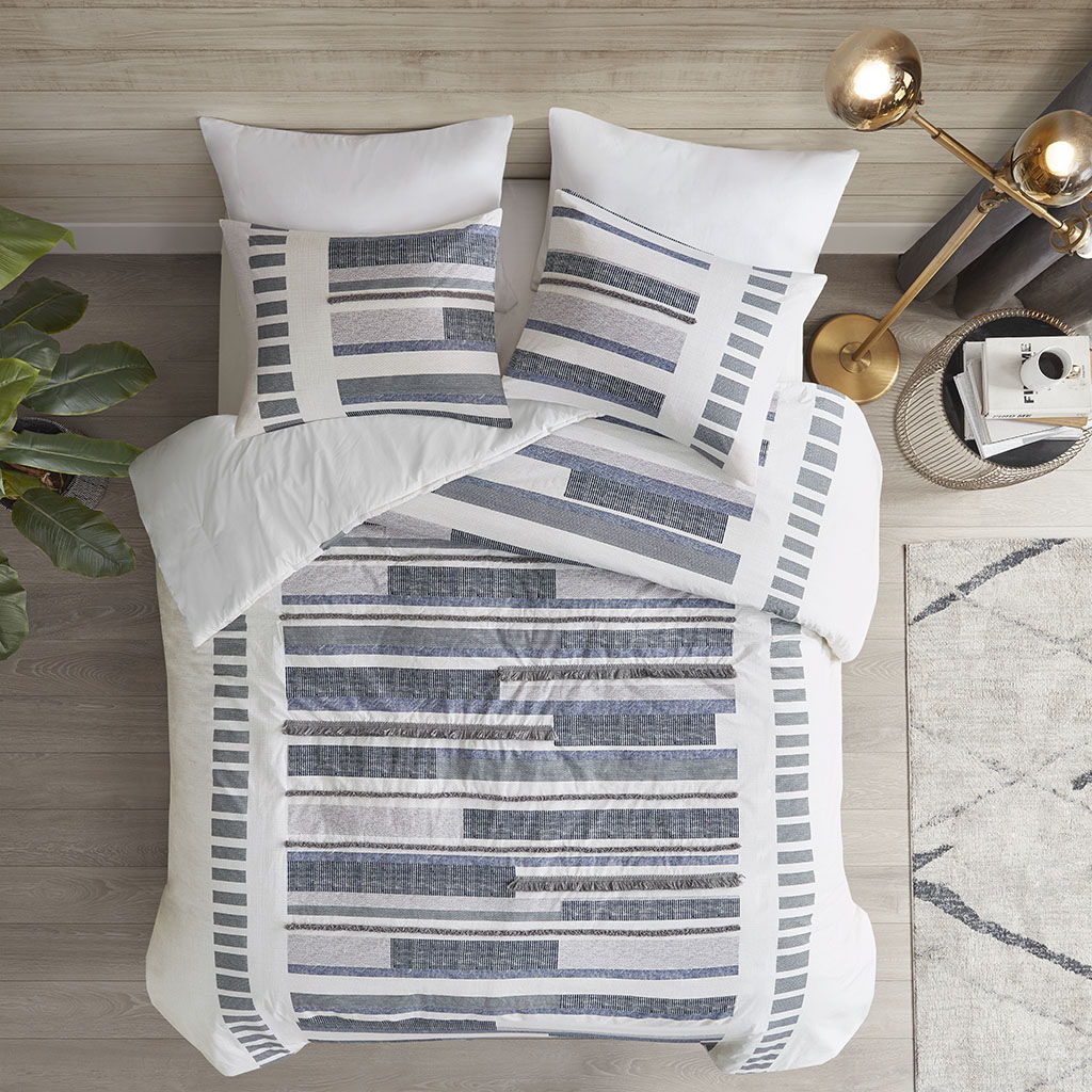 Serena - 3 Piece Printed Comforter Set With Trims - Navy