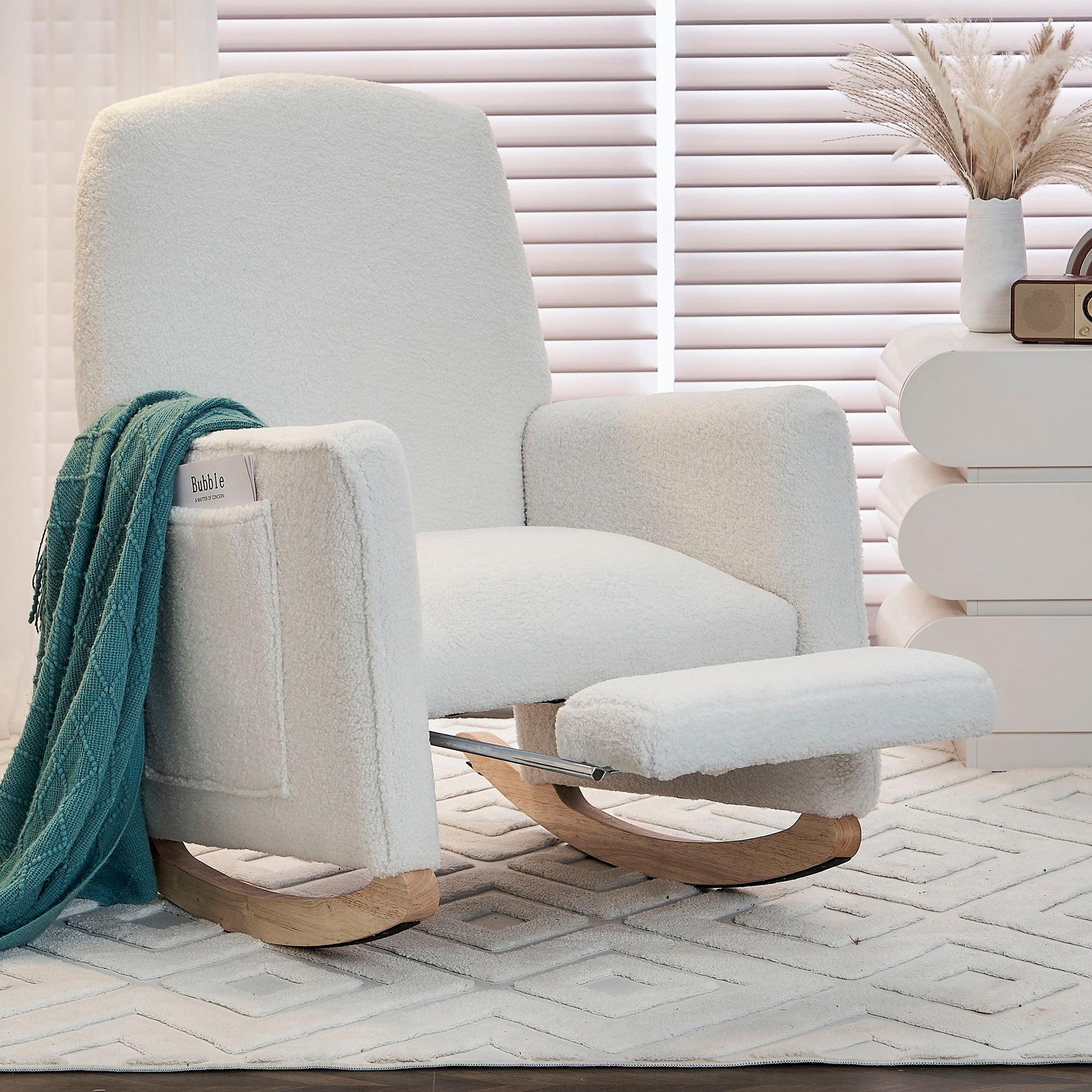 Teddy Fabric Nursery Rocking Chair With Adjustable Footrest - Ivory
