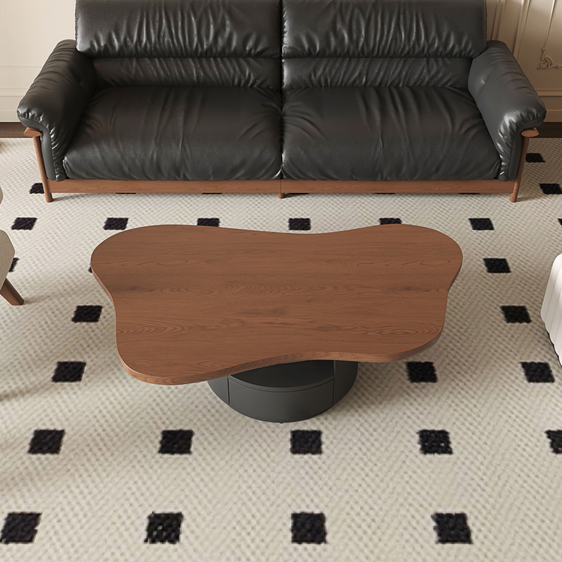 Cloud Coffee Table With 2 Drawers & Multi Layer Storage - Dark Walnut / Matt Black