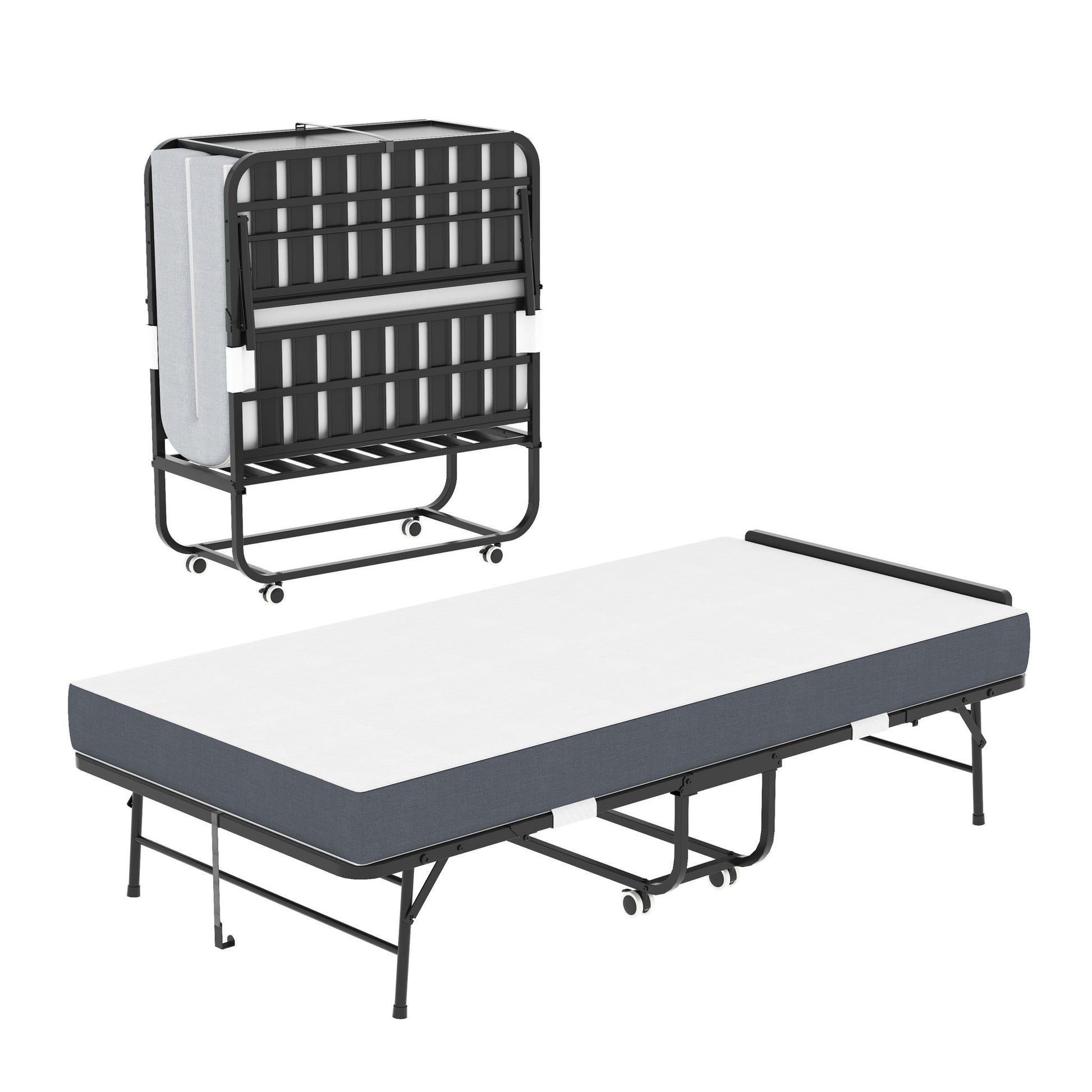 Twin Adjustable Headboard Folding Bed With Memory Foam Mattress, Heavy-Duty Frame Cot For Tall People, Portable Guest On Wheels - Black