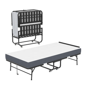 Twin Adjustable Headboard Folding Bed With Memory Foam Mattress, Heavy-Duty Frame Cot For Tall People, Portable Guest On Wheels - Black