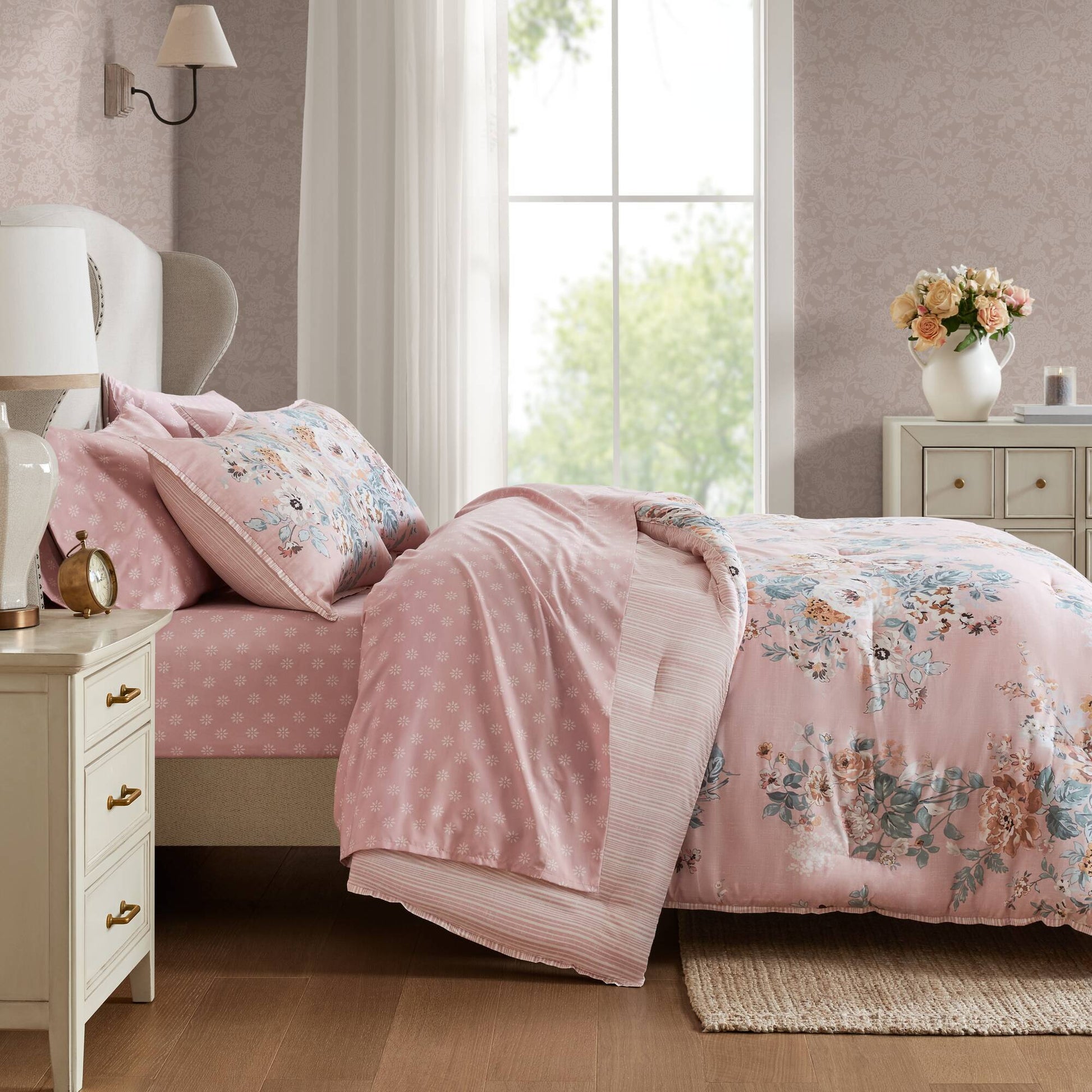 Heather - King 7 Piece Vintage-Inspired Floral Print - Pink