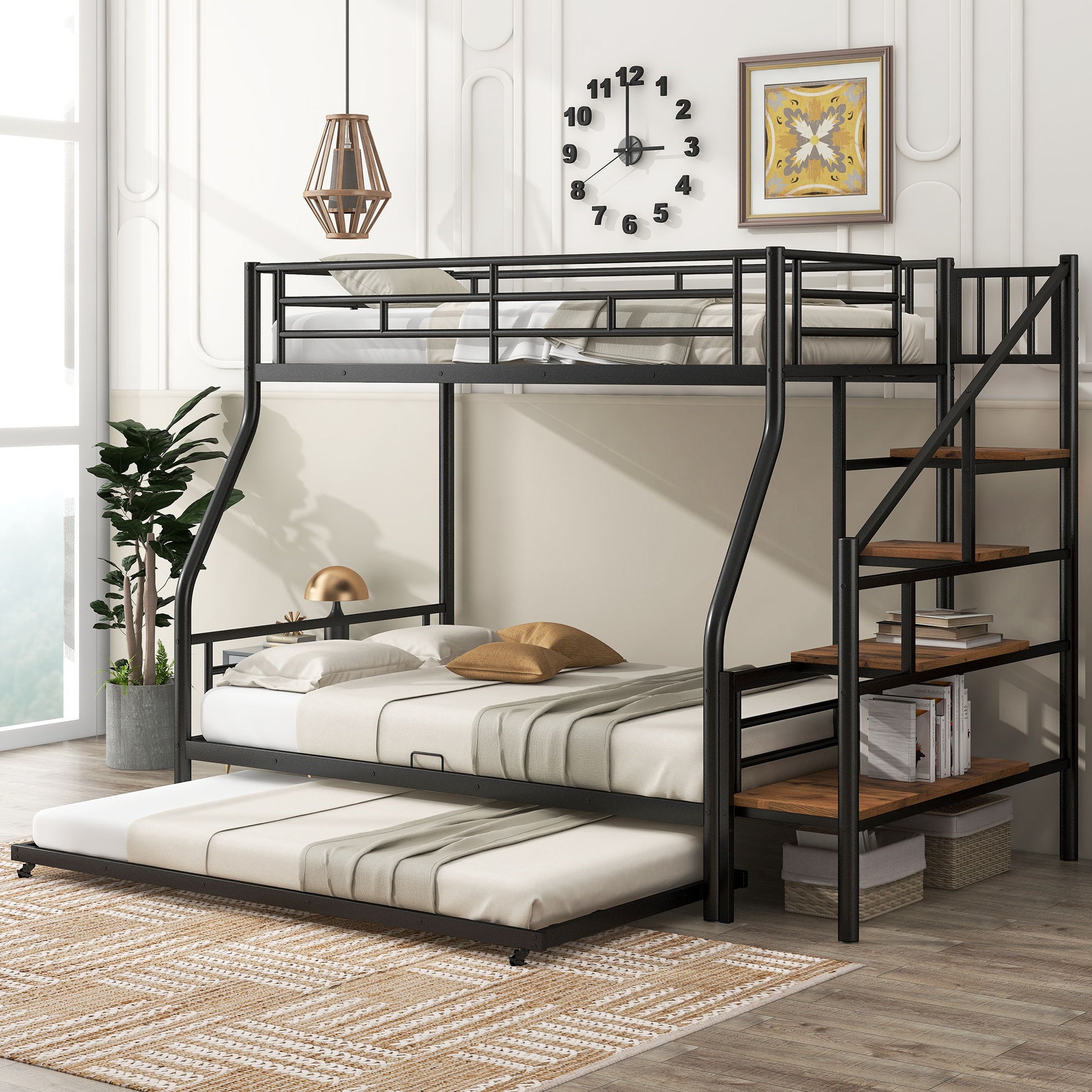 Metal Bunk Bed With Trundle And Storage Staircase