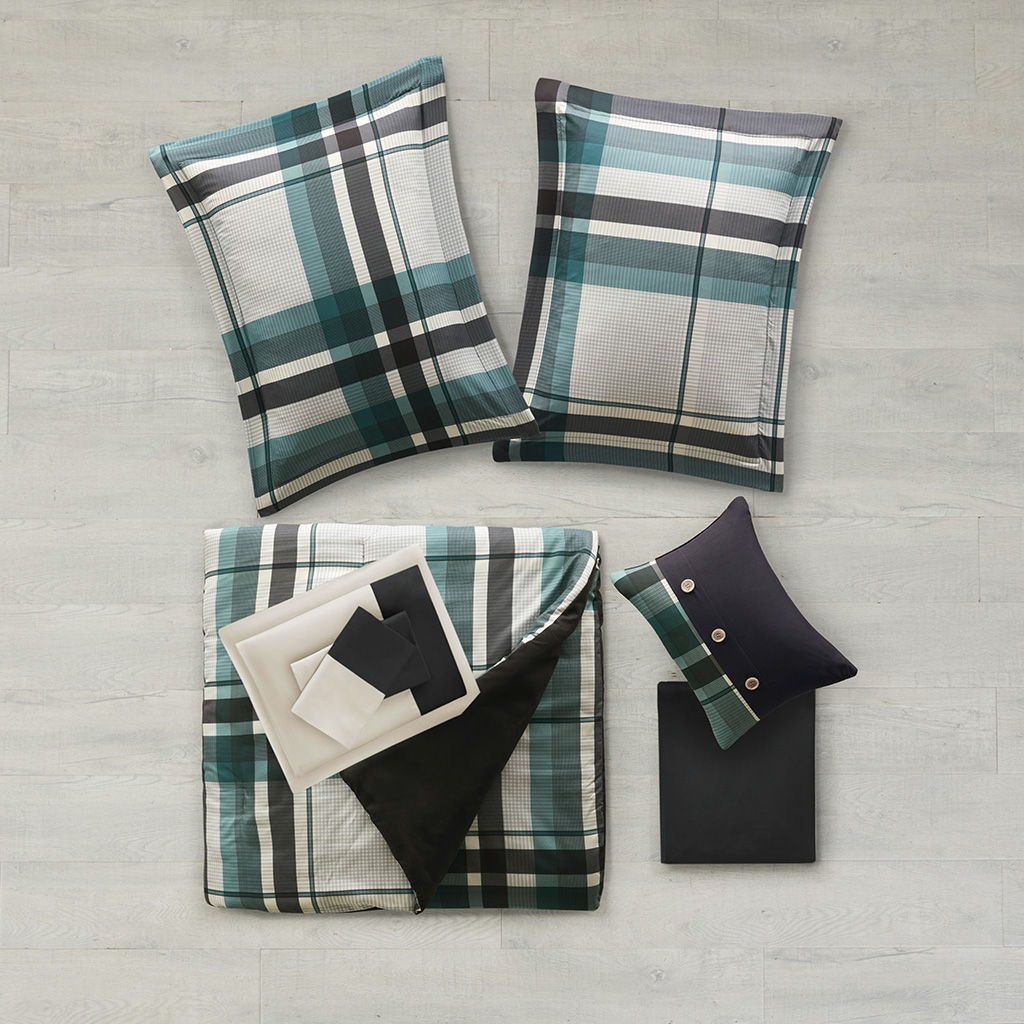 Robbie - 9 Piece Queen Plaid Comforter Set With Bed Sheets - Teal / Black