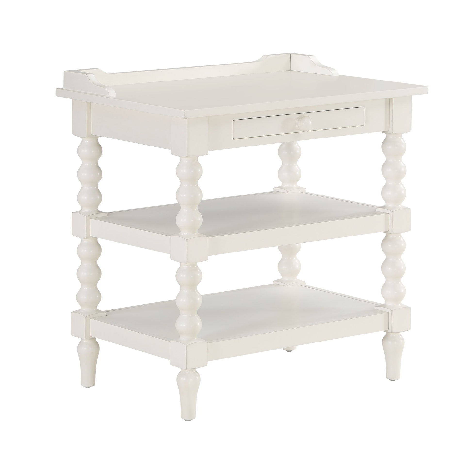 Aria - Nightstand With Styling, 2 Shelves, Pull Out Tray, Spool Turned Legs - Antique White