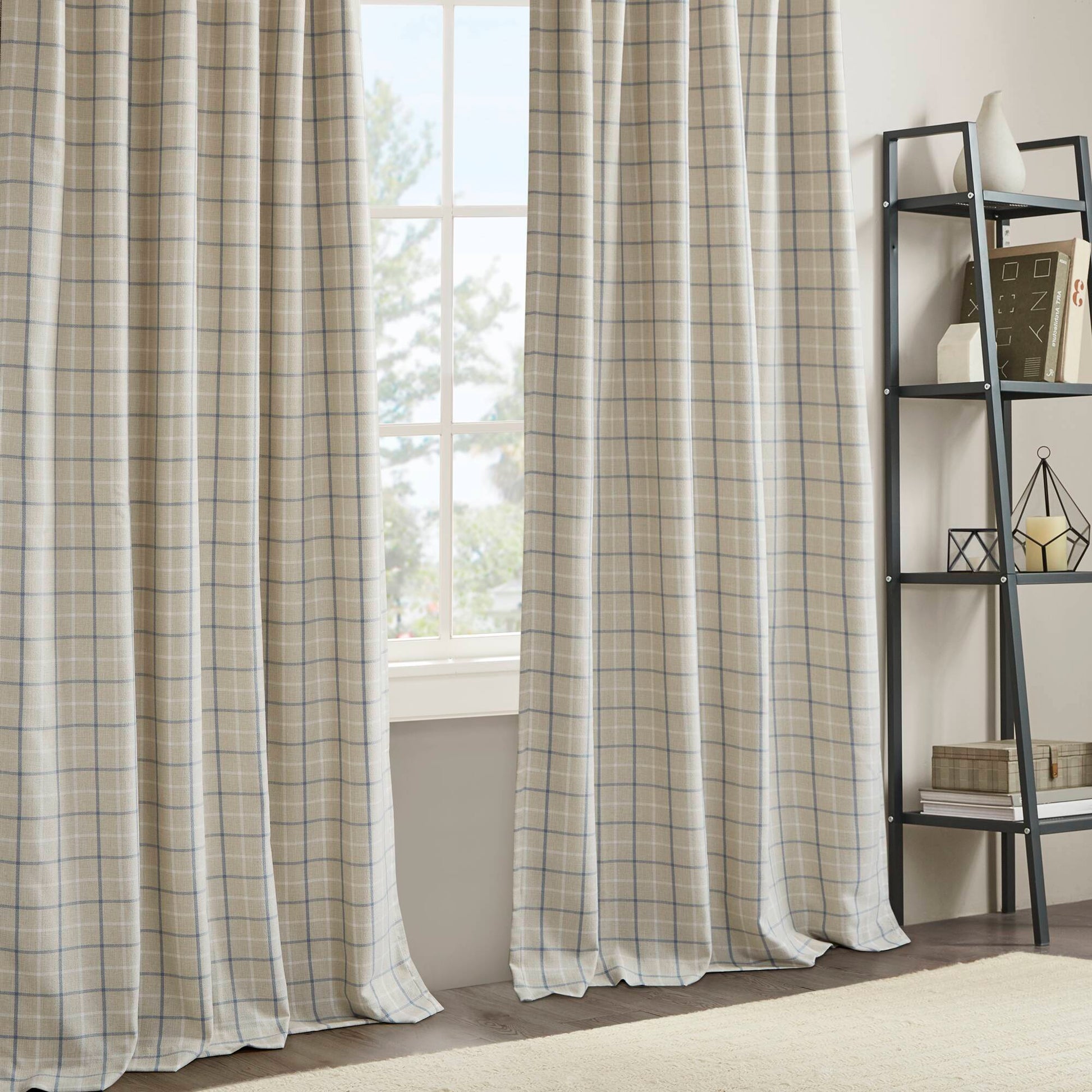 Anaheim - 50x84" Plaid Rod Pocket And Back Tab Curtain Panel With Fleece Lining - Linen Blue