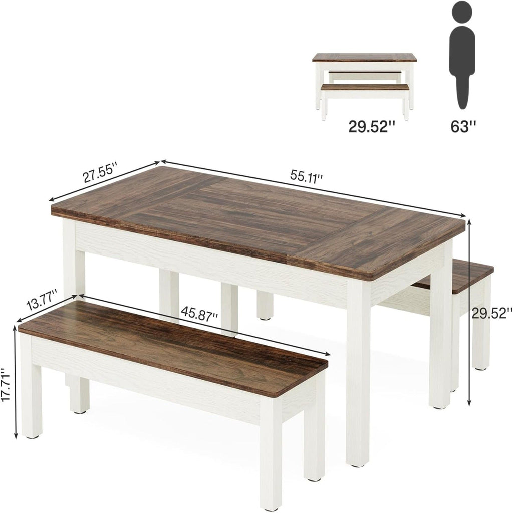 Dining Table Set For 4 - 6 With 2 Tuck Under Benches - Brown / White