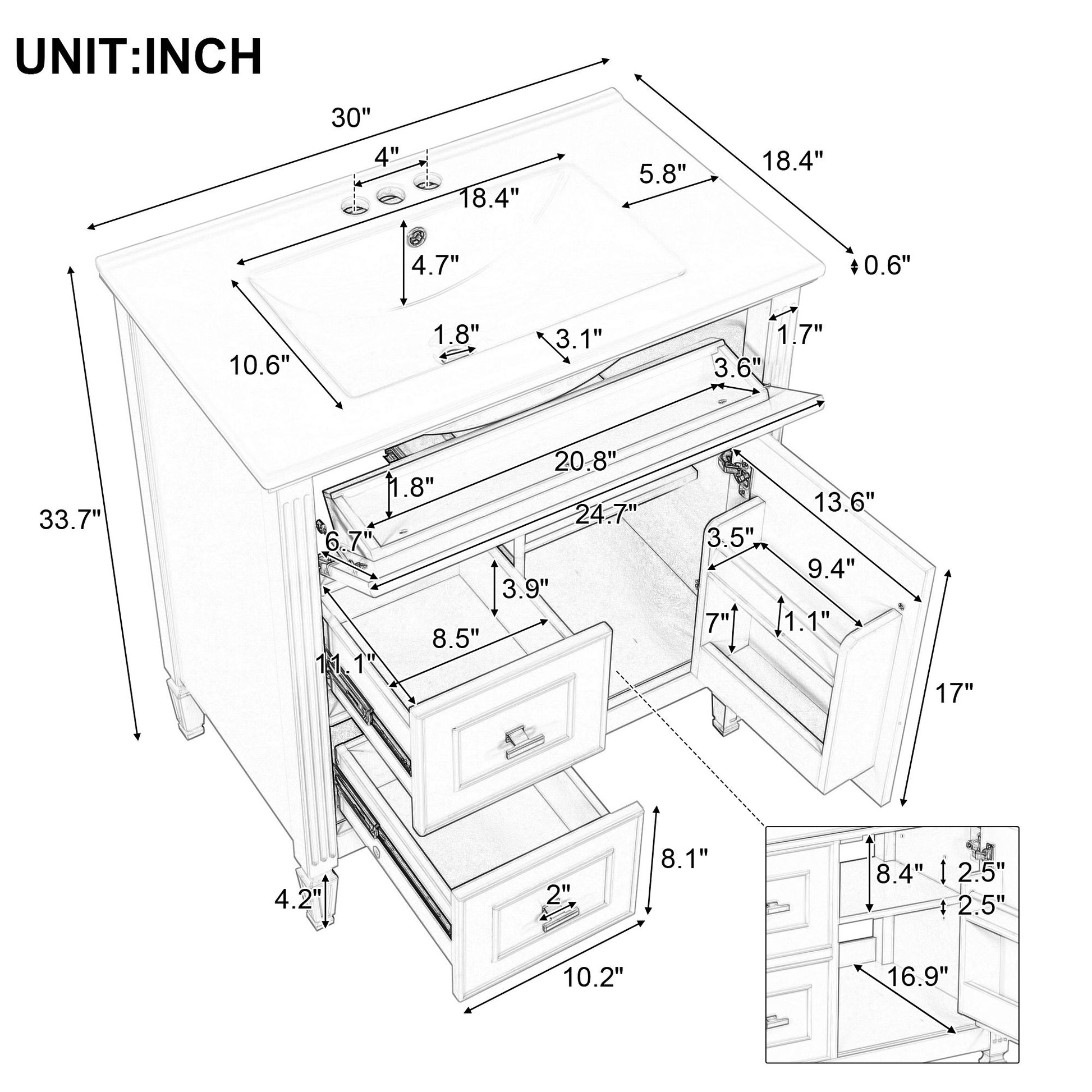 Modern Bathroom Vanity With Sink, 1 Flip Drawer And 2 Drawers, Adjustable Shelf