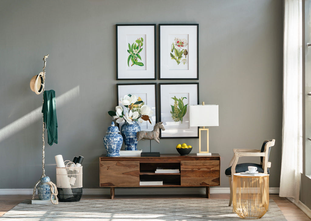 Botanical Flower Wall Art, Home Decor For Living Room Dining Room, Bedroom, Hallway (Set of 4) - White / Blue