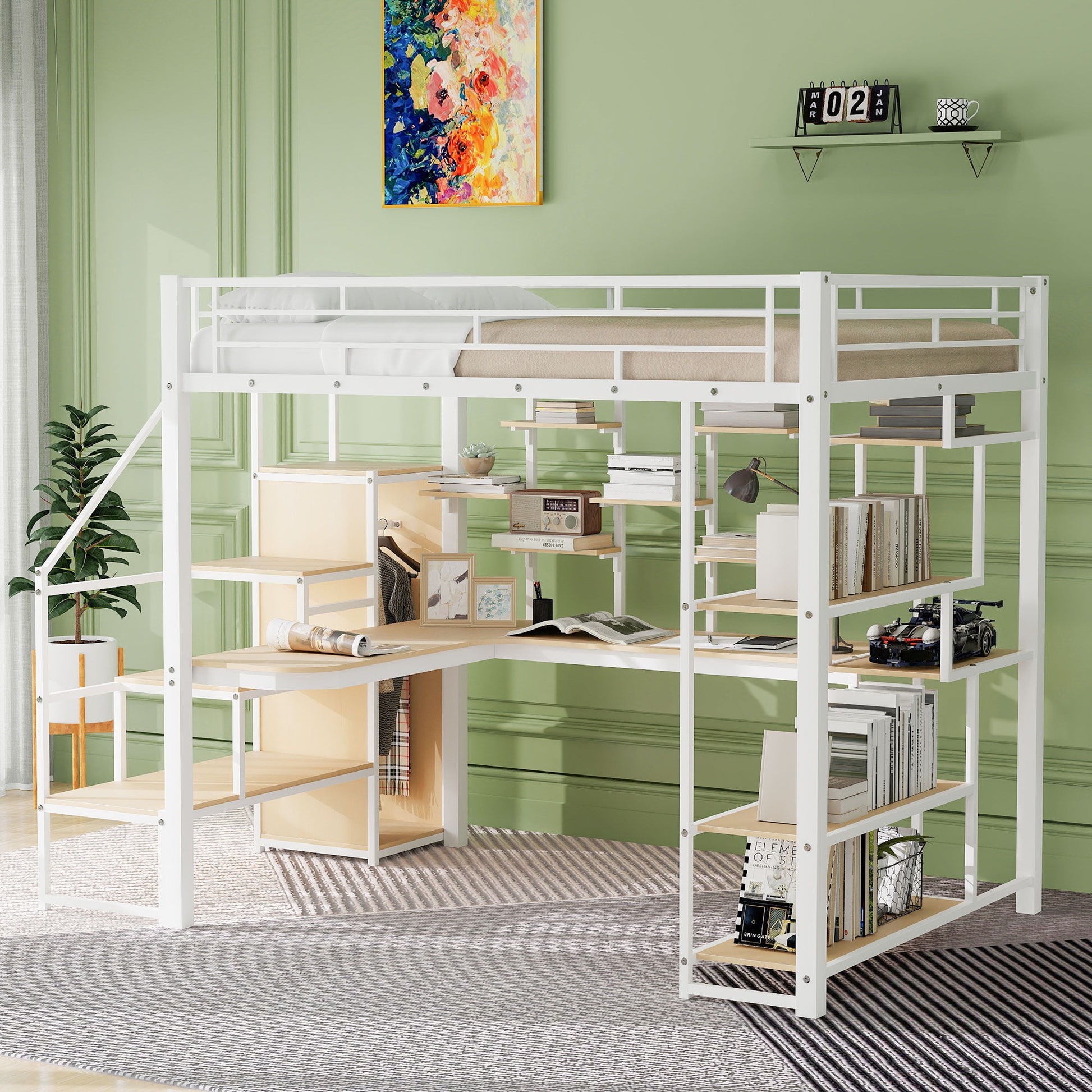 Loft Bed With Storage Staircase And Small Wardrobe, Built - In Desk And Storage Shelves