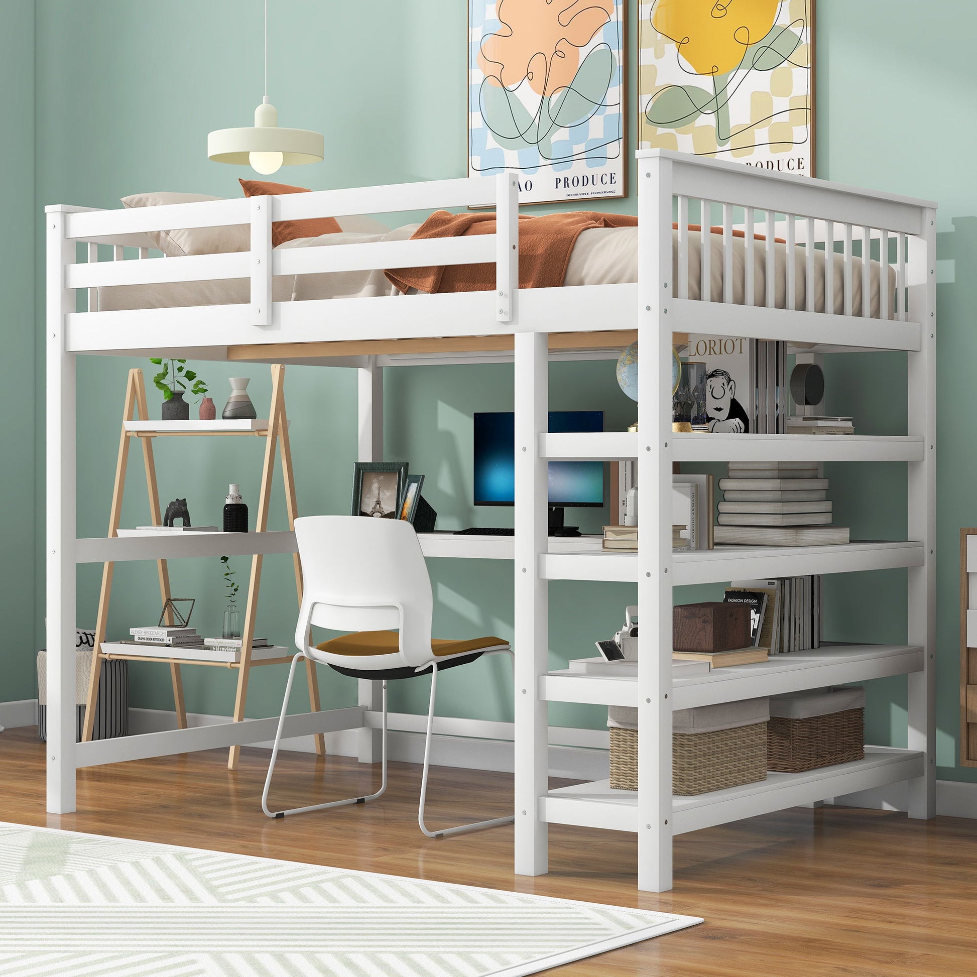 Loft Bed With Storage Shelves And Under Bed Desk