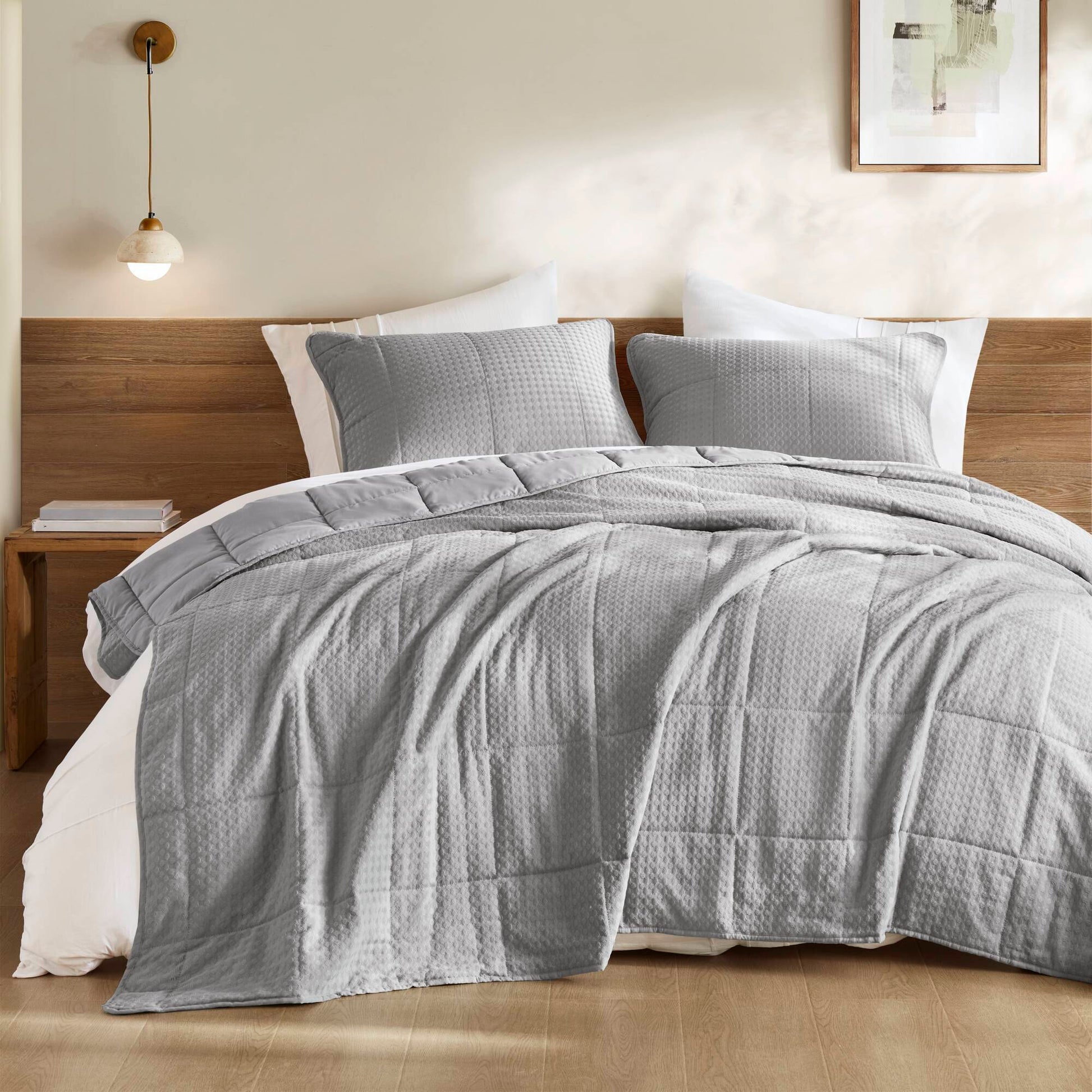 Mina - King/California King Waffle Weave Textured Quilt Set - Gray
