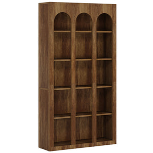 5 Tier Farmhouse Arched Bookcase For Living Room - Rustic Brown