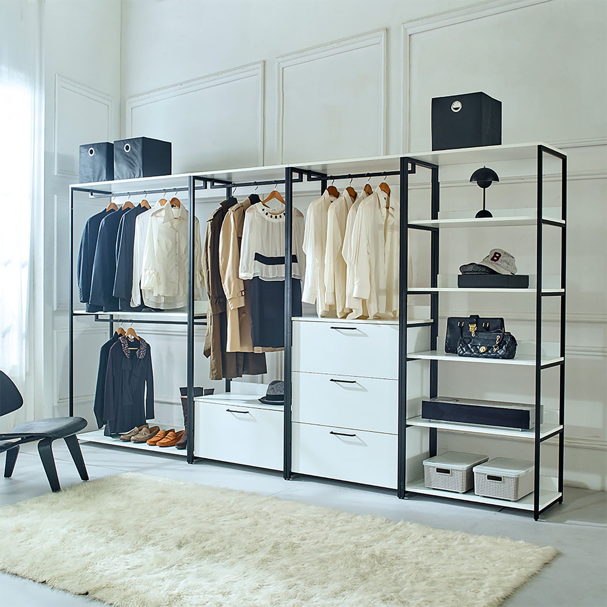 Fiona - Freestanding Walk In Wood Closet System & Metal Frame Durable Storage Solution Melamine - White