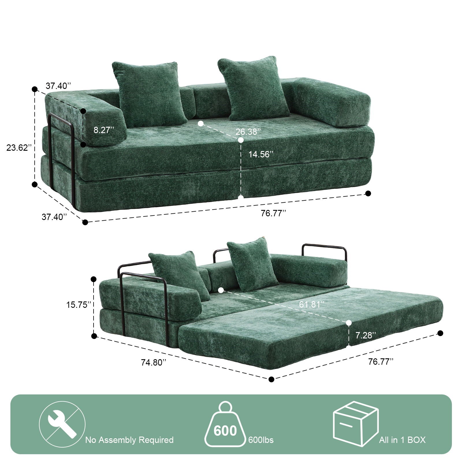 Convertible Floor Sofa Bed With Pillow Back Support Armrest