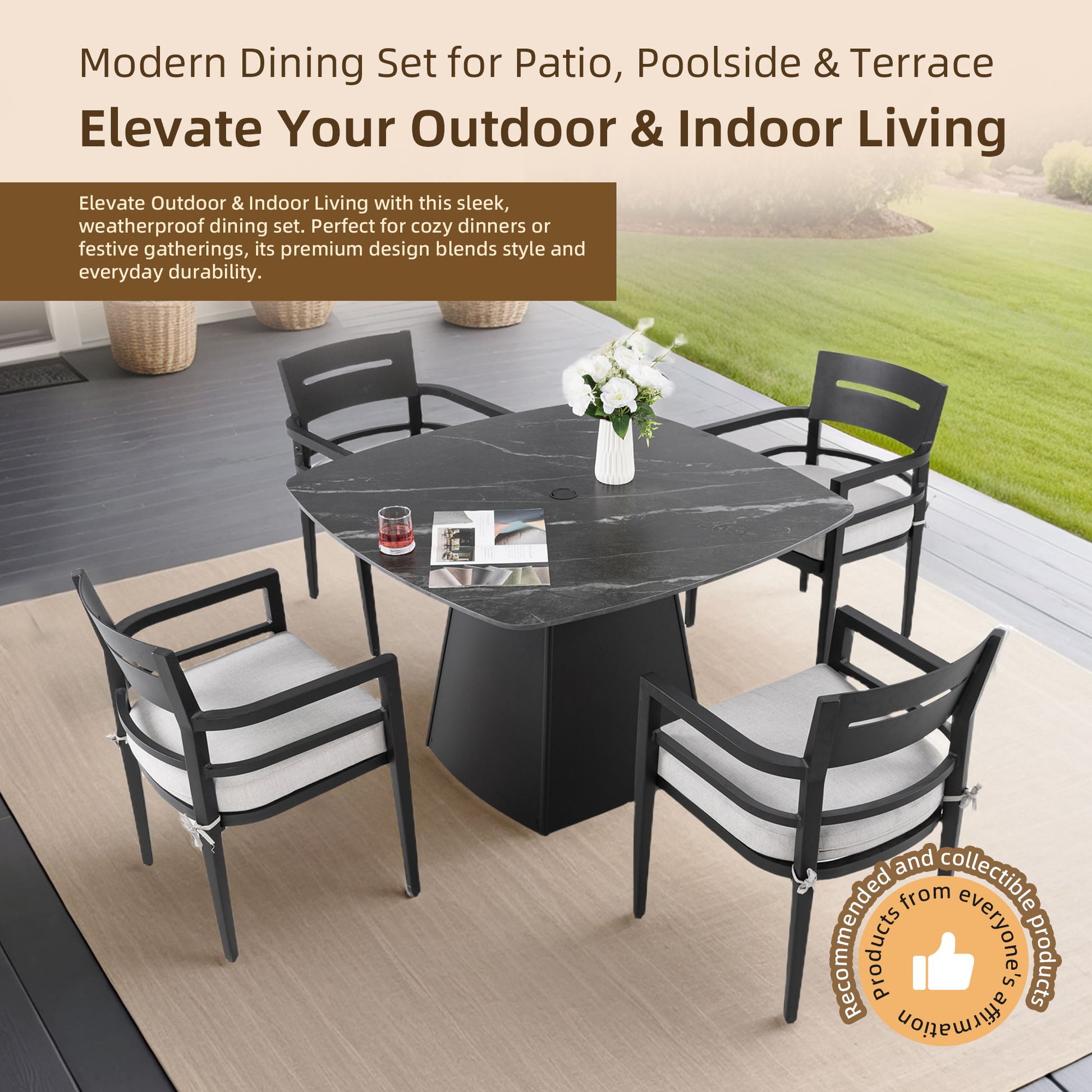 Outdoor Patio Dining Set, Squircle Dining Table, Dining Chairs With Sunbrella Cushions