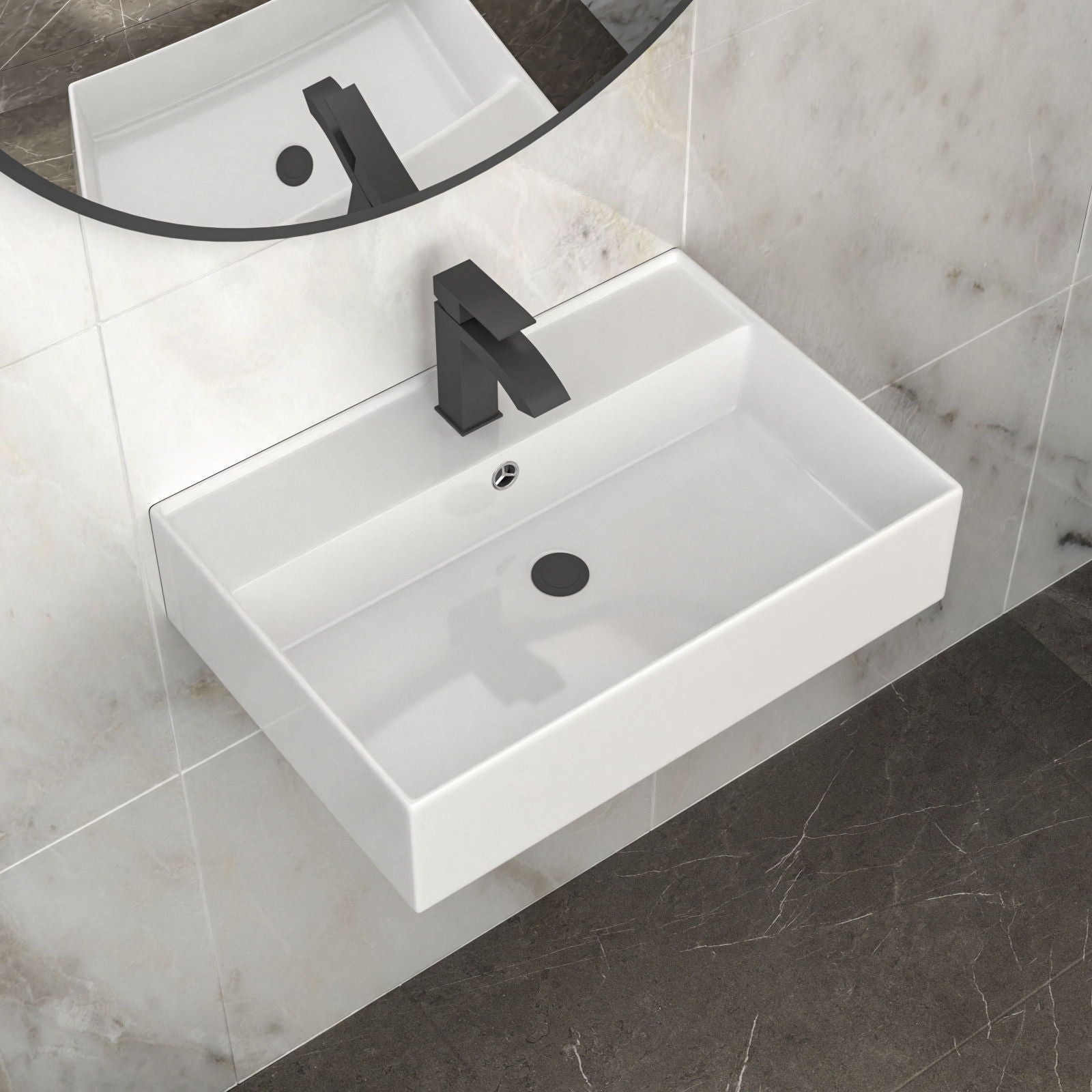 Modern Ceramic Rectangular Wall Mounted Bathroom Sink With Faucet Hole & Overflow