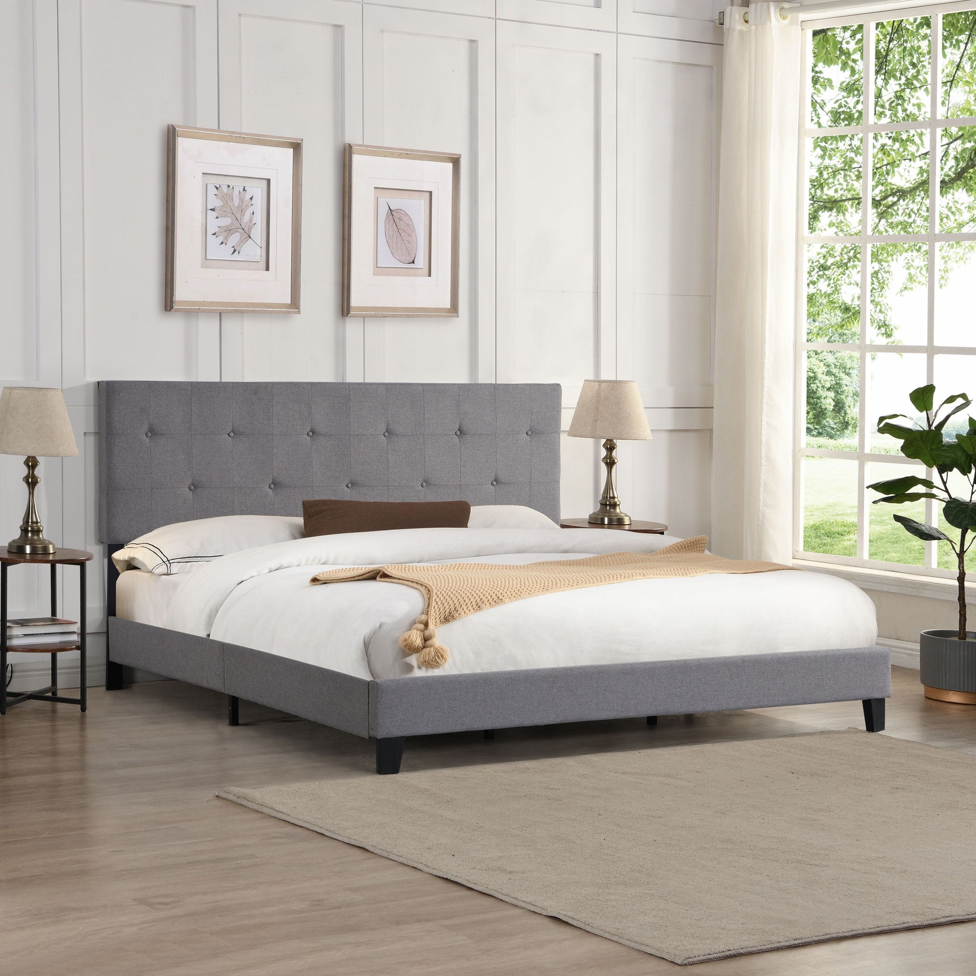 King Size Upholstered Platform Bed Frame With Button Tufted Fabric Headboard, No Box Spring Needed, Wood Slat Support