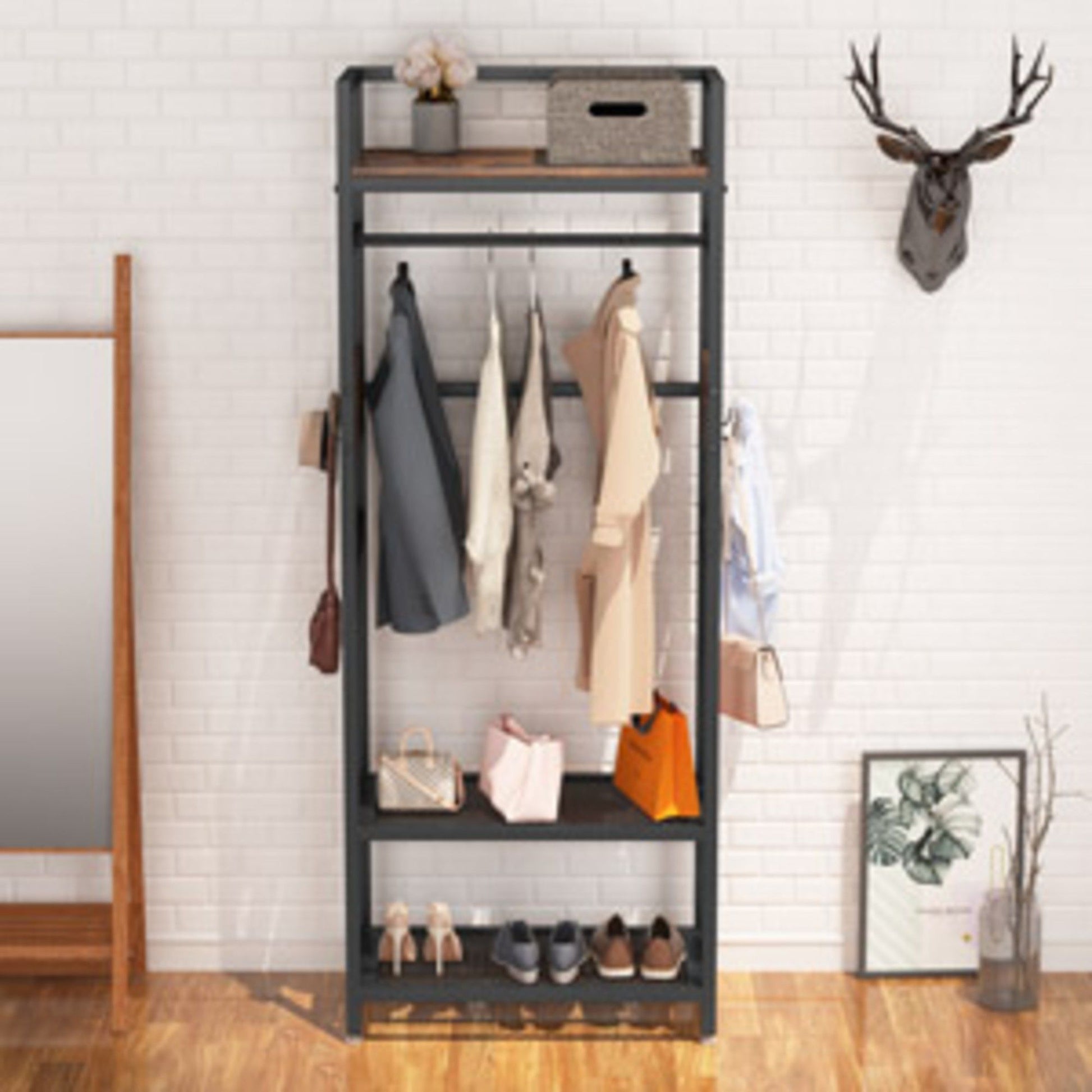 Rack With Hanging Rod, 4 Hooks, Heavy Duty Freestanding Closet Organizer - Brown / Black