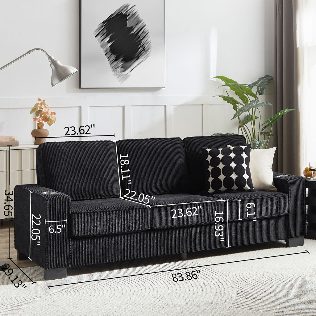 Modern Corduroy Fabric Sofa, 3 Seater Compressed Couch With Cup Holders