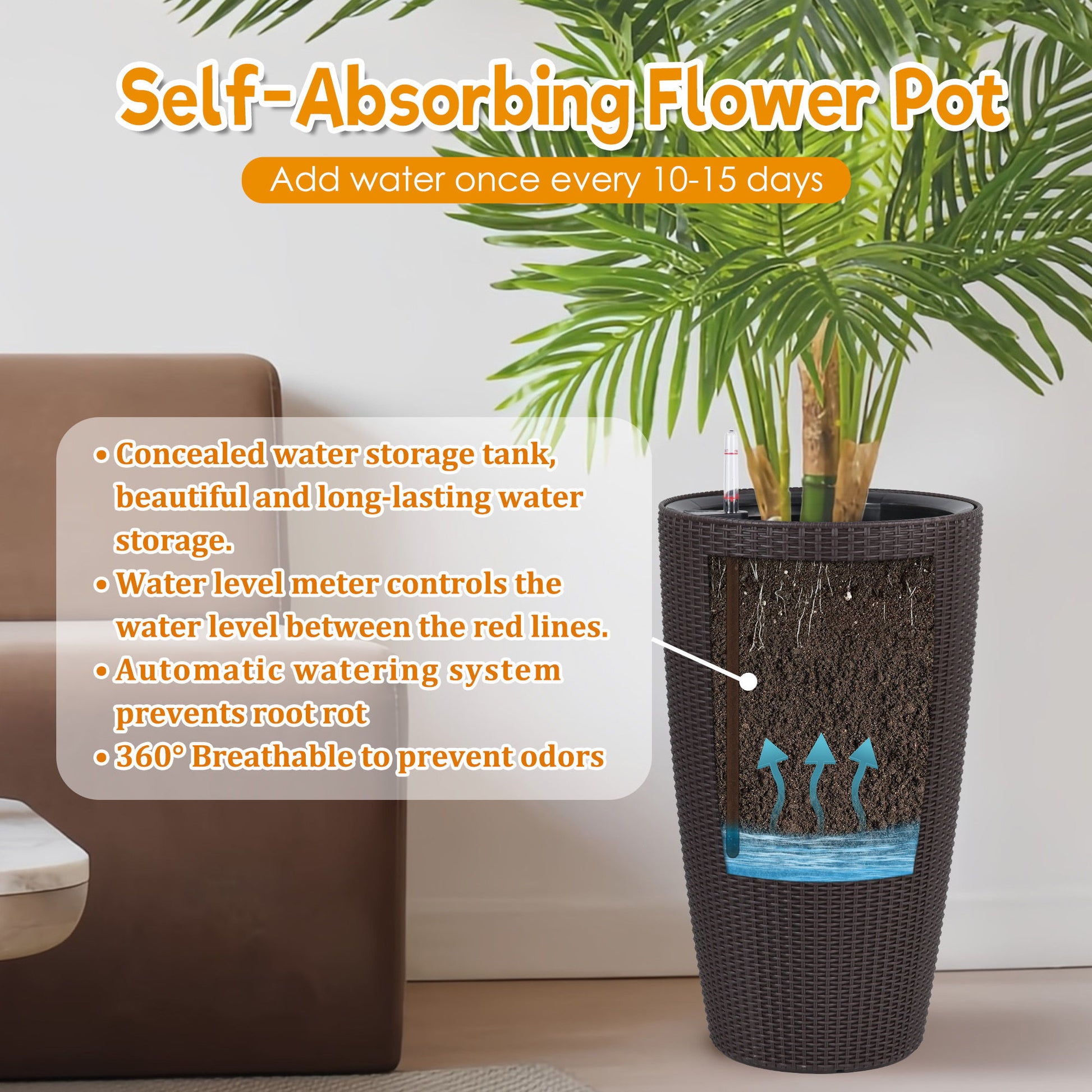 Tall Planters Set With Water Level Monitor And Auto Watering