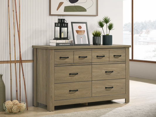 Finn - Oak Finish Dresser With 6 Drawers And Black Handles - Coffee Gray