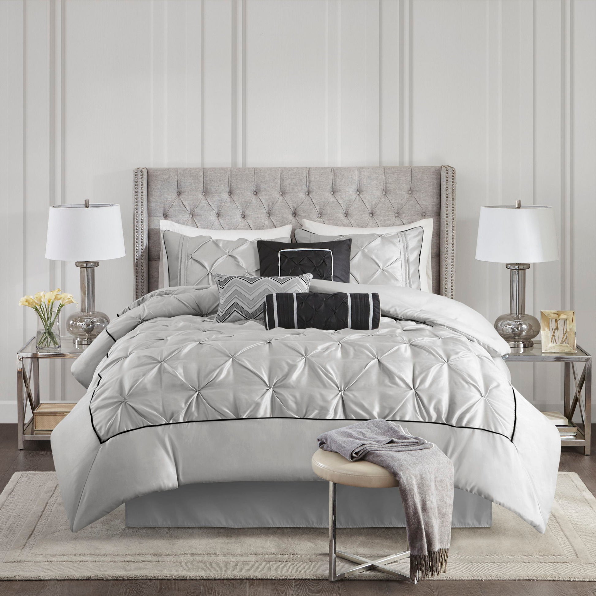 Laurel - Pieced Pleated 7 Piece Tufted Comforter Set - Gray