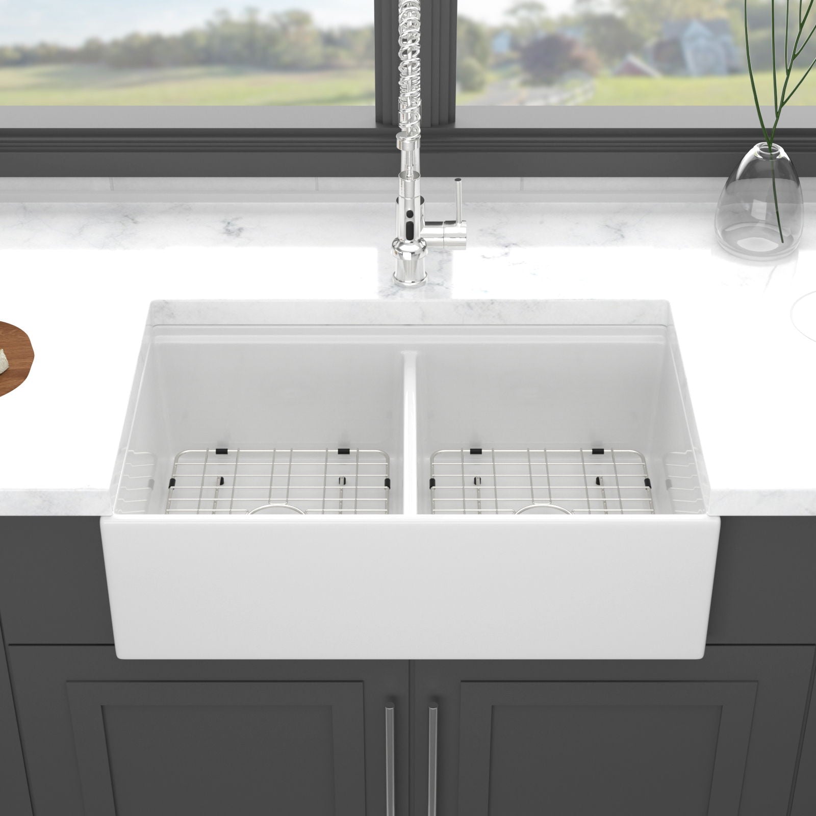 Farmhouse Sink Workstation 33" Ceramic Double Bowl Kitchen Sink With Ledges - White