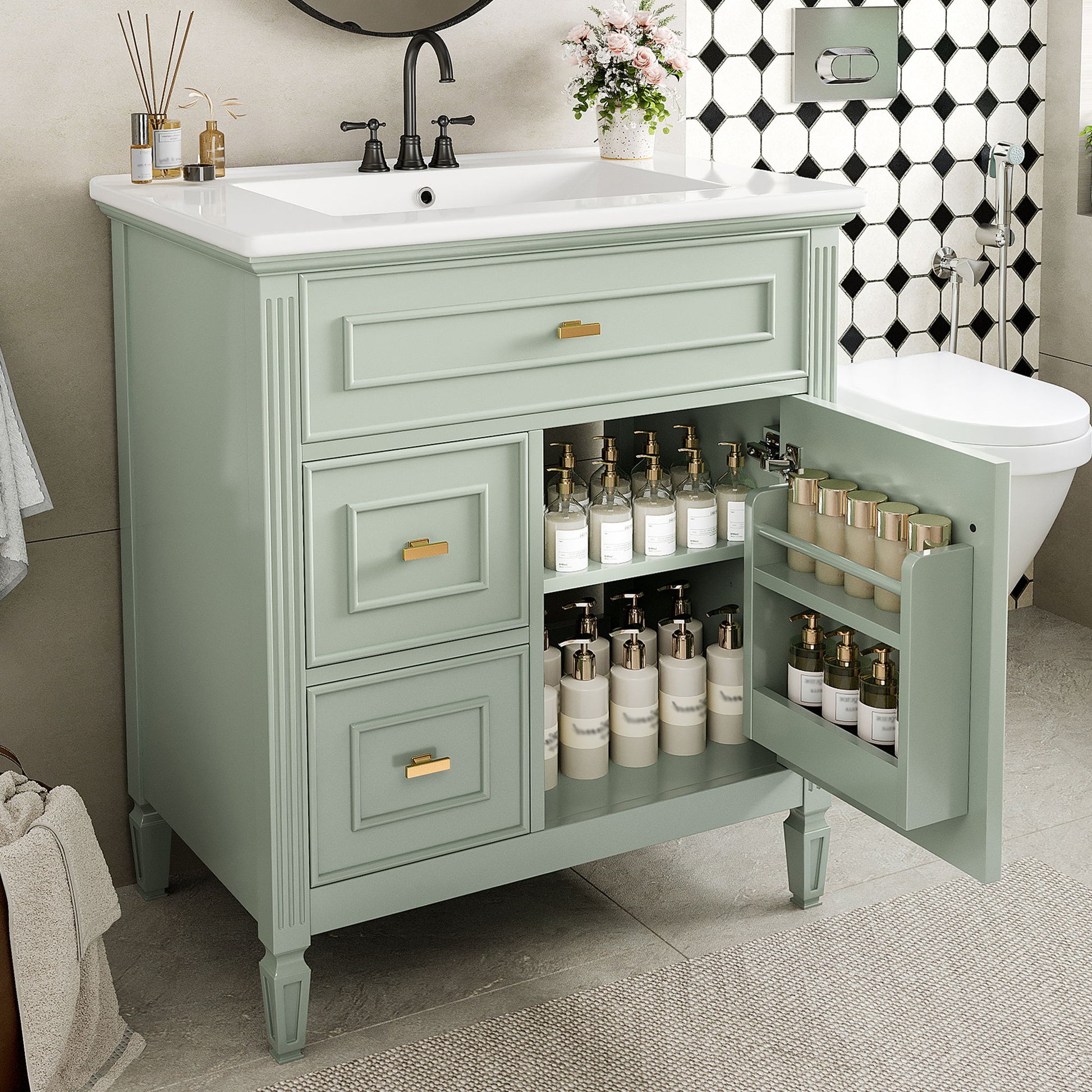 Modern Bathroom Vanity With Sink, 1 Flip Drawer And 2 Drawers, Adjustable Shelf