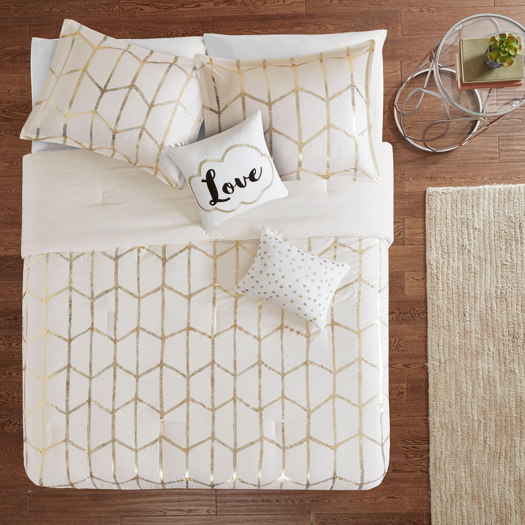 Raina - King Brushed Microfiber Printed Comforter Set - Ivory / Gold