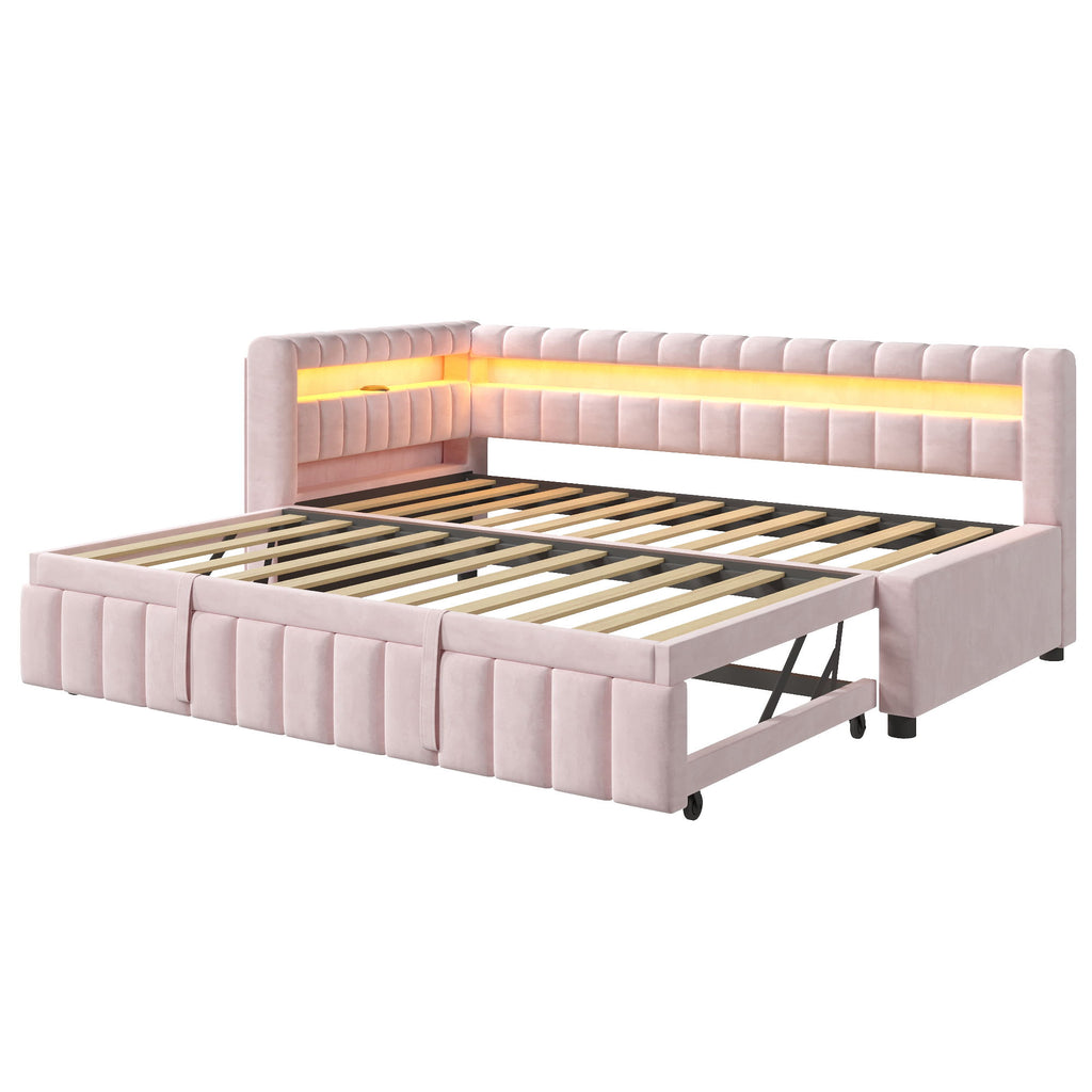 Upholstered Daybed With LED Lights, USB Charging, Pull Out Trundle Bed