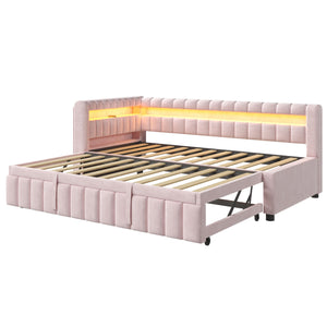 Upholstered Daybed With LED Lights, USB Charging, Pull Out Trundle Bed