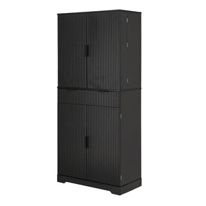 Fluted Kitchen Pantry Cabinet With 3 Keyboard Drawers & 6 Door Shelves Adjustable