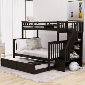 Bunk Bed With Twin Size Trundle, Storage And Guard Rail For Bedroom