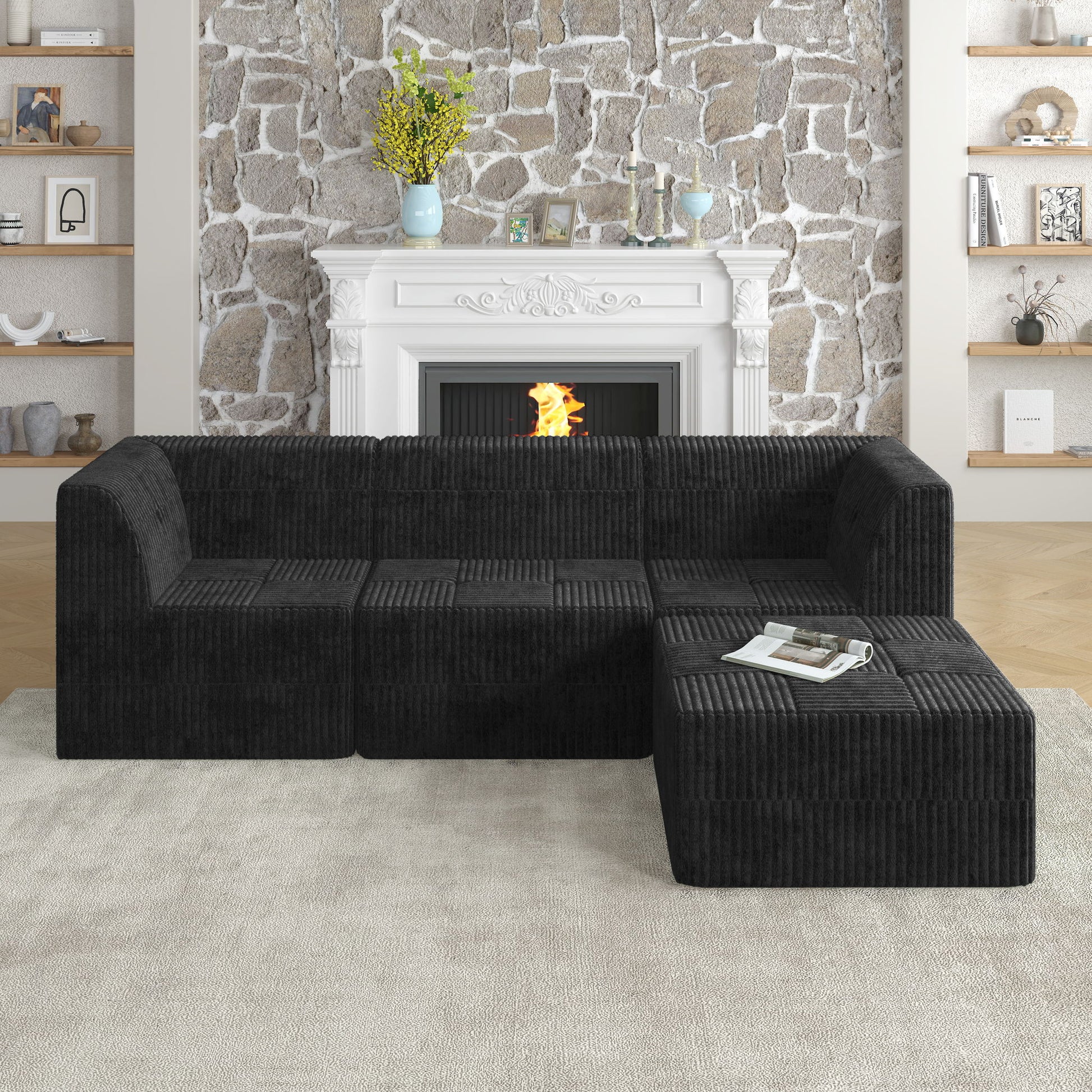 Modern Minimalist L Shape Modular Sectional Sofa, Sleeper Corduroy Couch