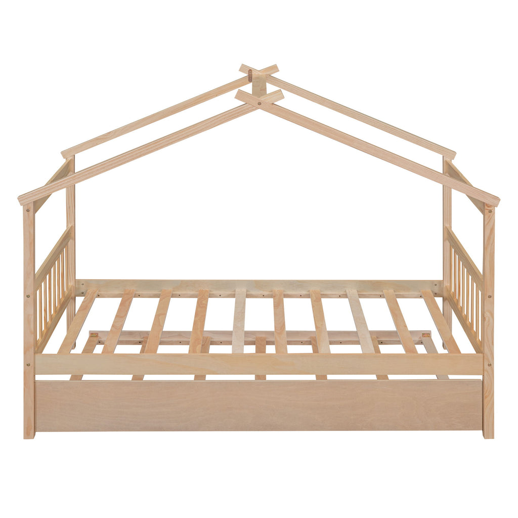 Wooden House Bed With Twin Size Trundle