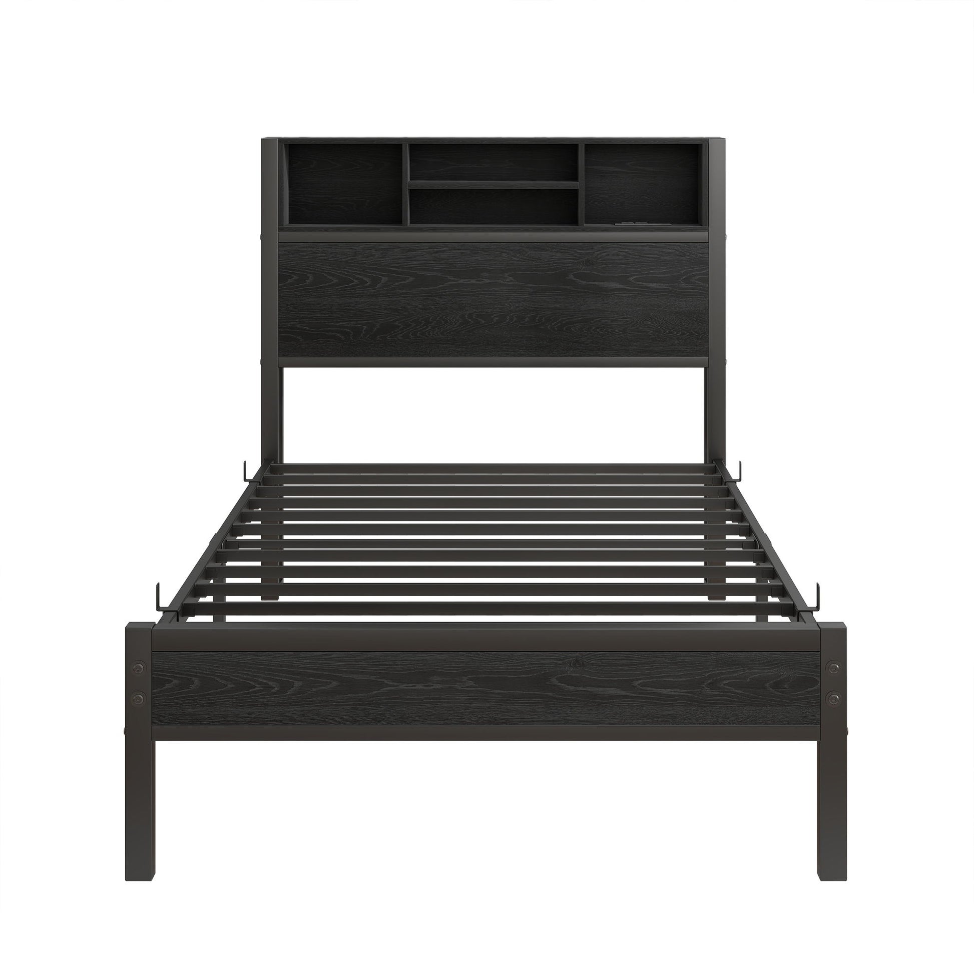 Modern Metal Platform Bed Frame With Storage Headboard And Charging Station