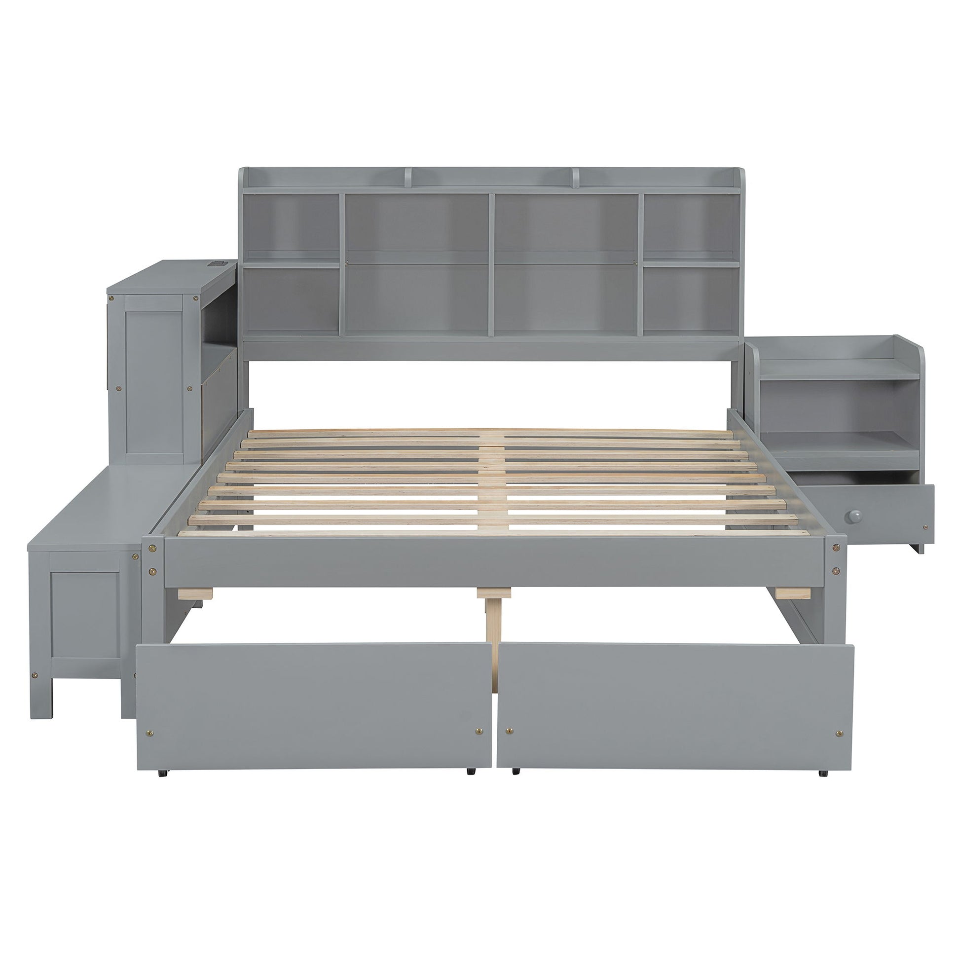 Platform Bed With Multi Functional Storage Space, Nightstand, 2 Drawers, USB Ports And Desk