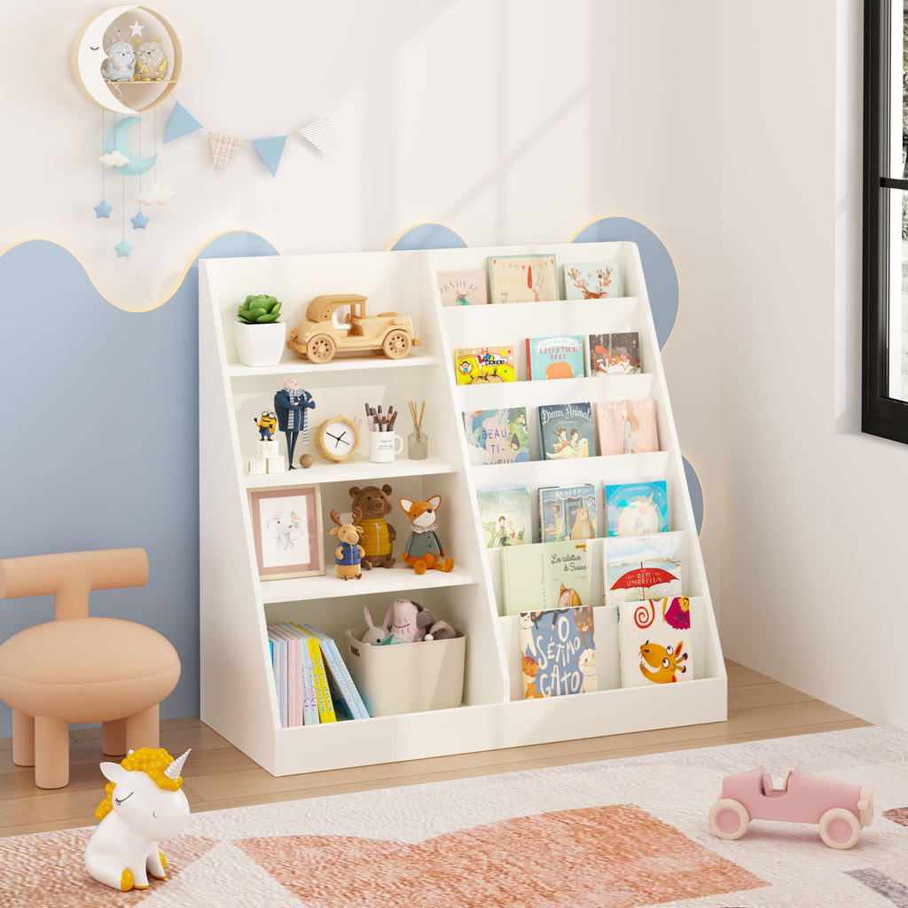 Bookshelf And Toy Storage Organizer, Multifunctional 4 Tier Bookcase With Toy Bin - White