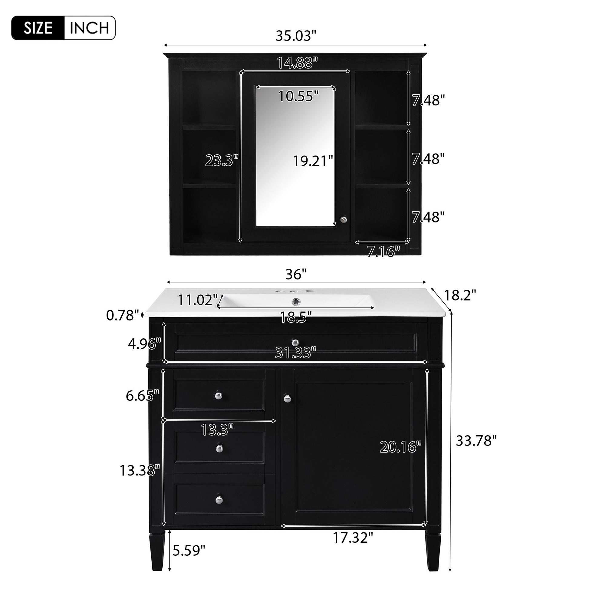 Bathroom Vanity With Mirror Cabinet, Single Sink With 2 Soft Closing Doors And 4 Drawers