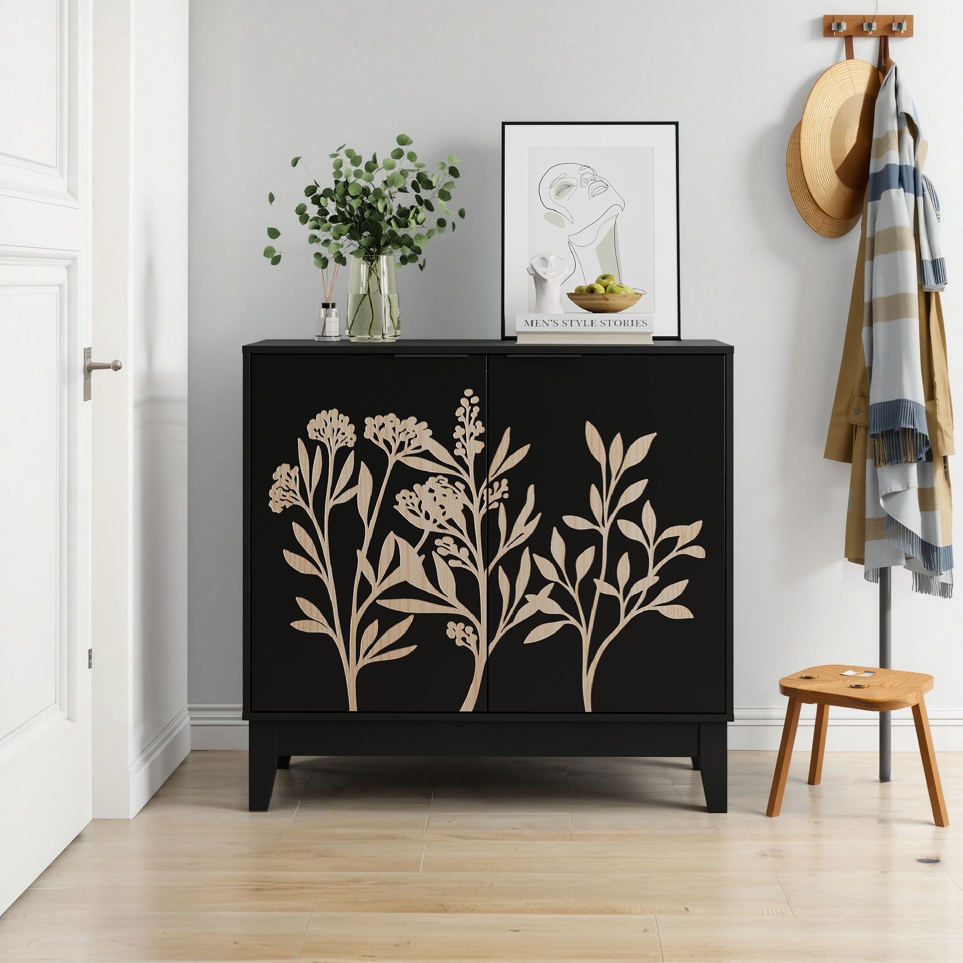 Vintage Carved Buffet Cabinet With Adjustable Shelves, Wooden Decorative Sideboard - Black