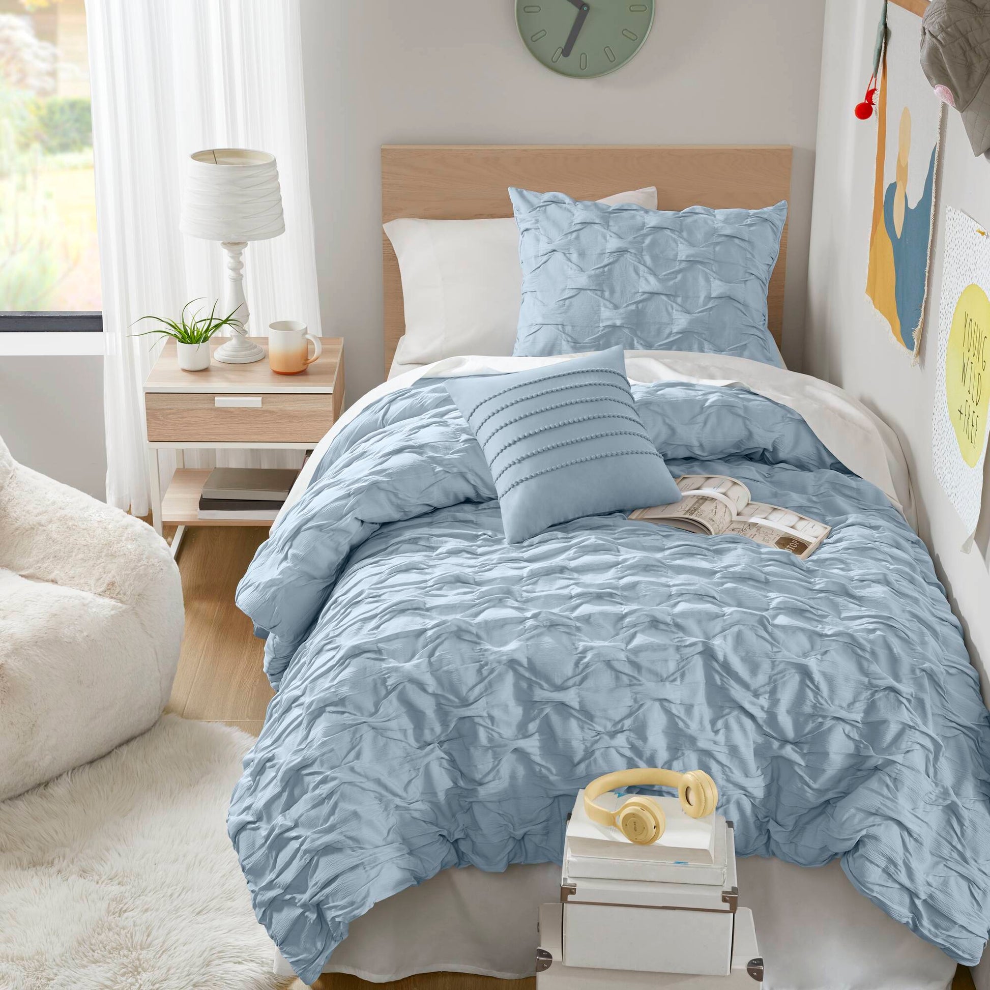 Bailey - Twin/Twin Long Diamond Pucker Comforter Set - Blue