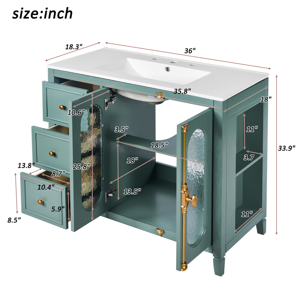 Bathroom Vanity With 3 Drawers And 2 Soft Close Doors Cabinet - Lake Green