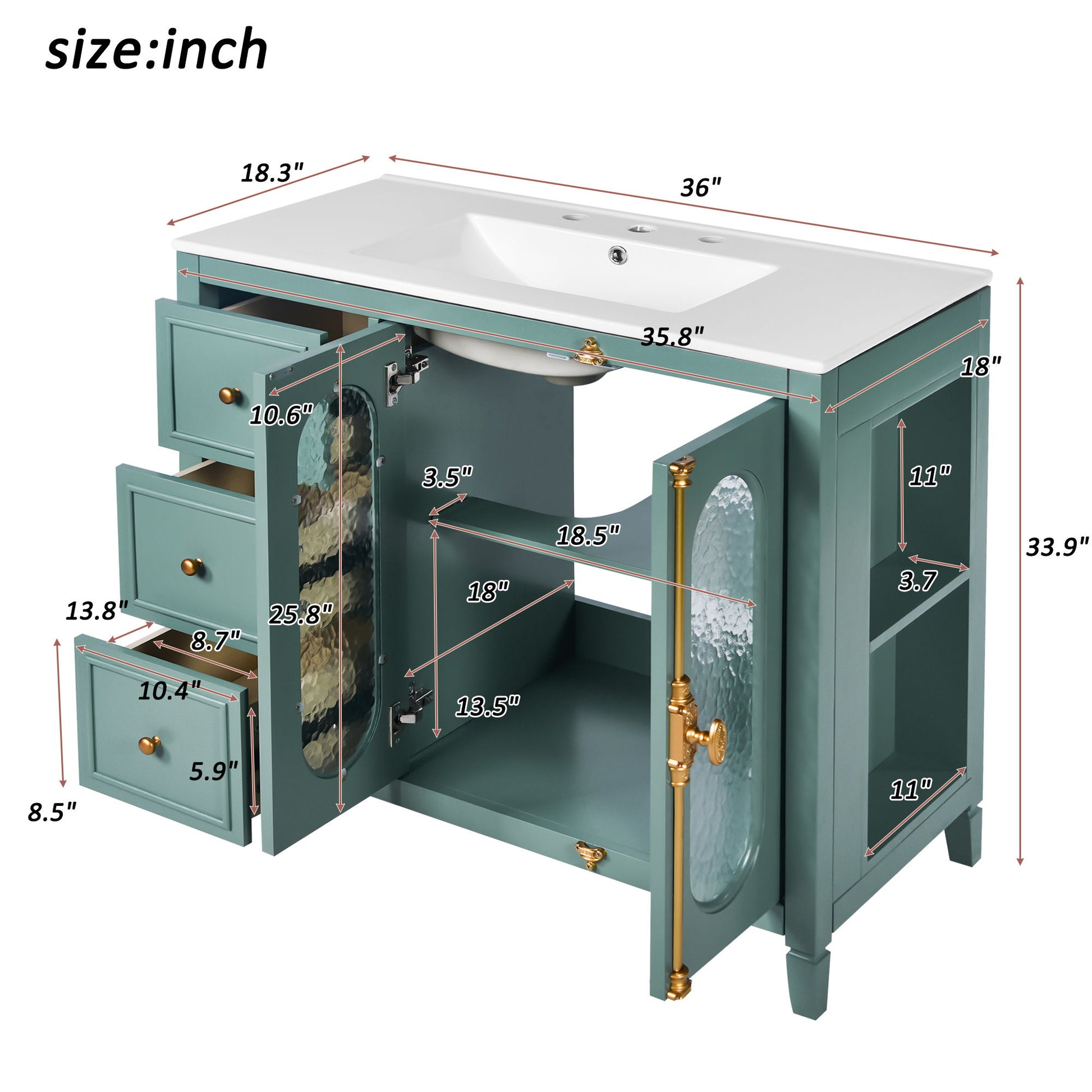 Bathroom Vanity With 3 Drawers And 2 Soft Close Doors Cabinet - Lake Green