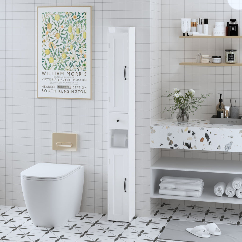Slim Tall Bathroom Storage Cabinet With Adjustable Shelves, 2 Doors Freestanding Cabinet - White