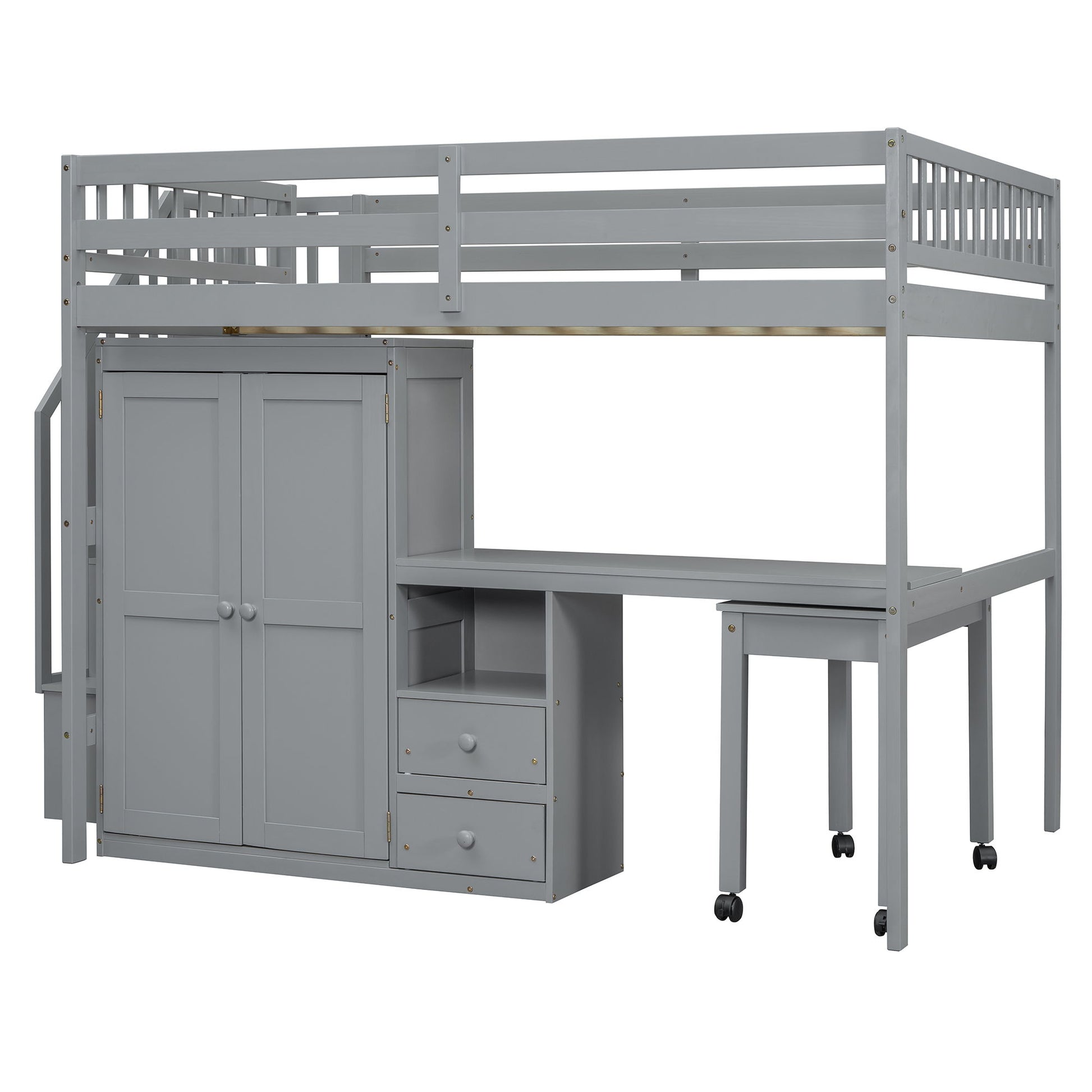 Loft Bed With Stairs, Bookshelf, Drawers, Desk & Wardrobe, Space Saving Multifunctional Furniture