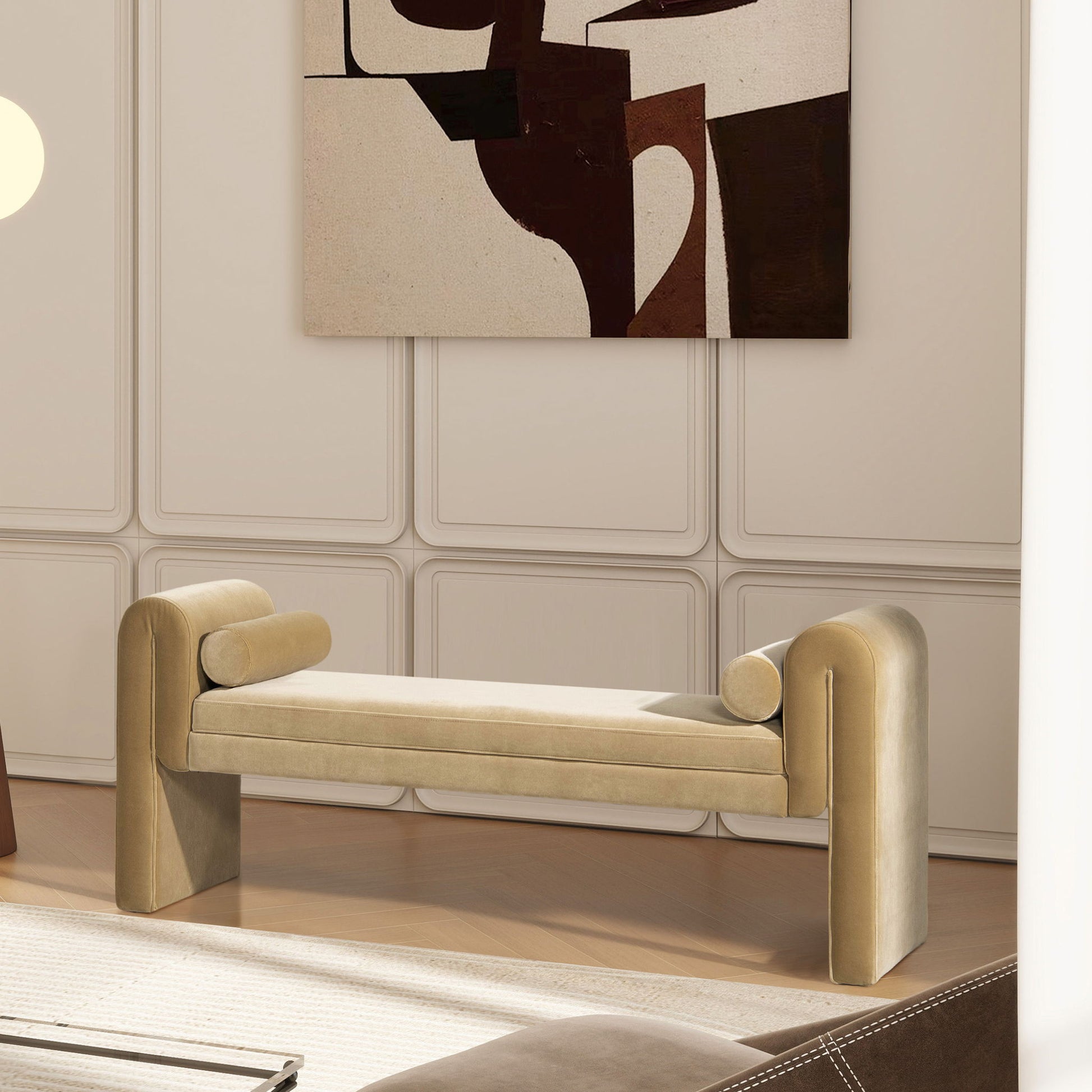 Mason - Arched Arm Bench With Bolster Pillows - Camel Brown Beige