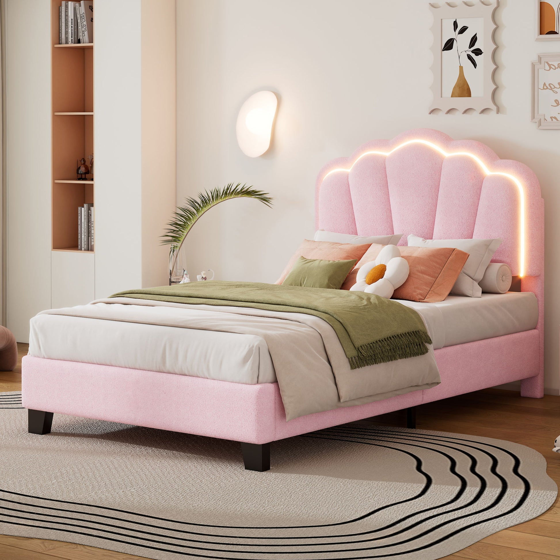 Upholstered Elegant Flowers Headboard With LED Light Strip, Platform Bed With Slats Support