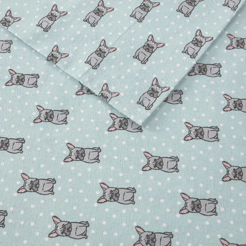 Cozy Flannel - Twin Printed Sheet Set - Aqua French Bulldog
