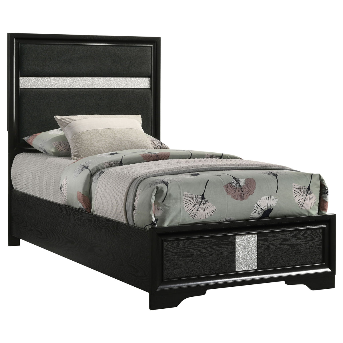 Panel Bed With Padded Headboard And Glittering Accent Stripes